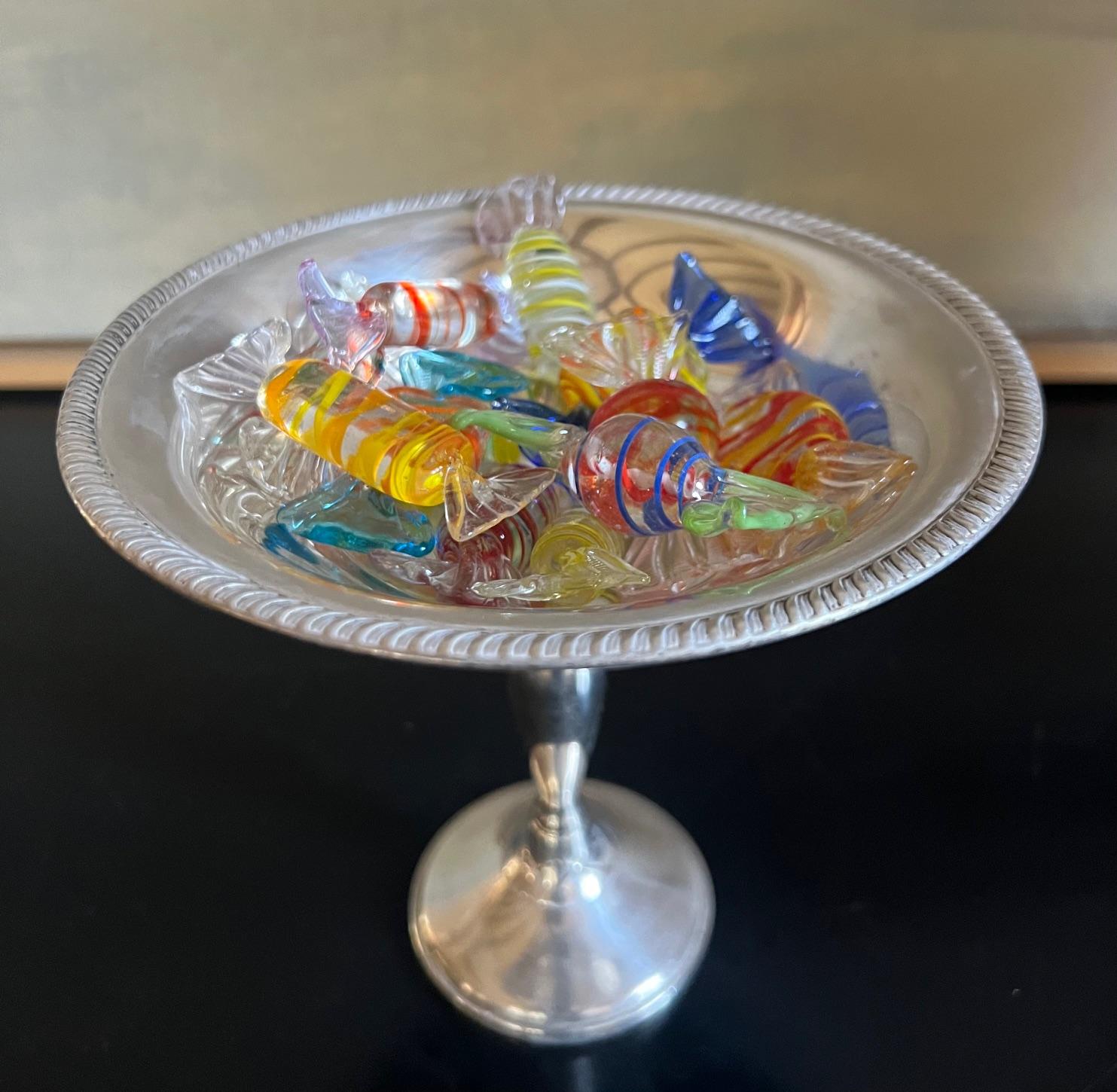 American Fisher Sterling Silver Candy Dish and Twelve Blown Glass Candies For Sale