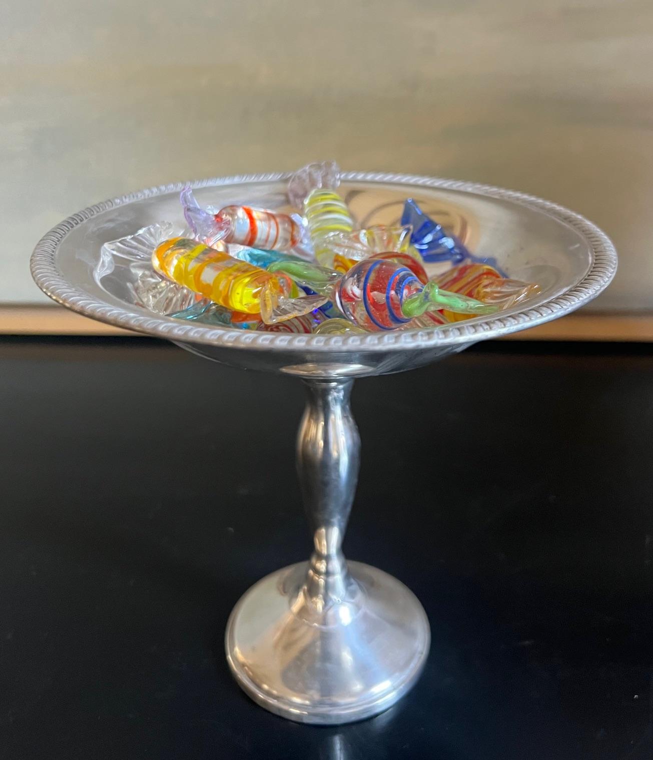 Cast Fisher Sterling Silver Candy Dish and Twelve Blown Glass Candies For Sale
