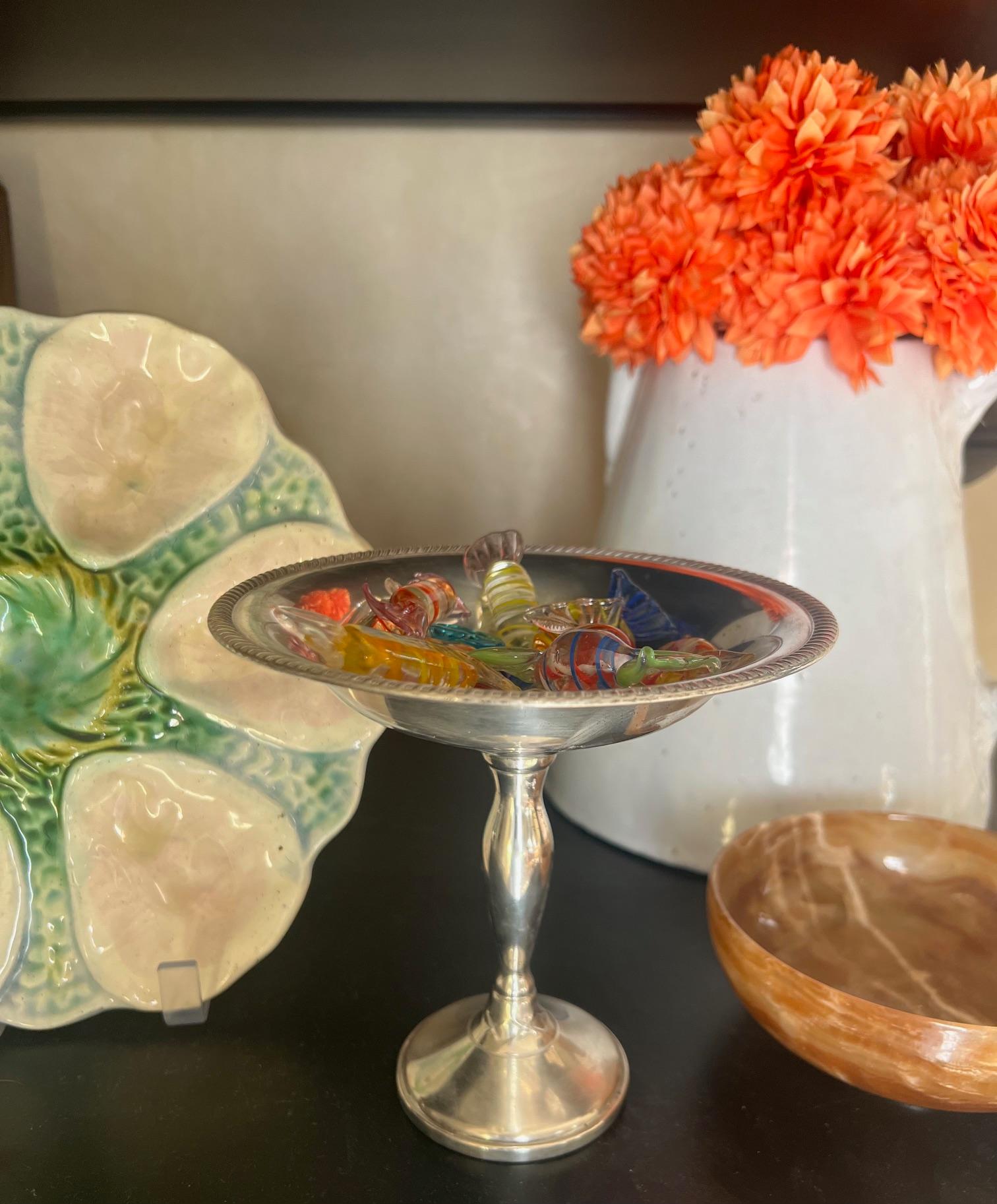 Fisher Sterling Silver Candy Dish and Twelve Blown Glass Candies In Good Condition For Sale In Ross, CA