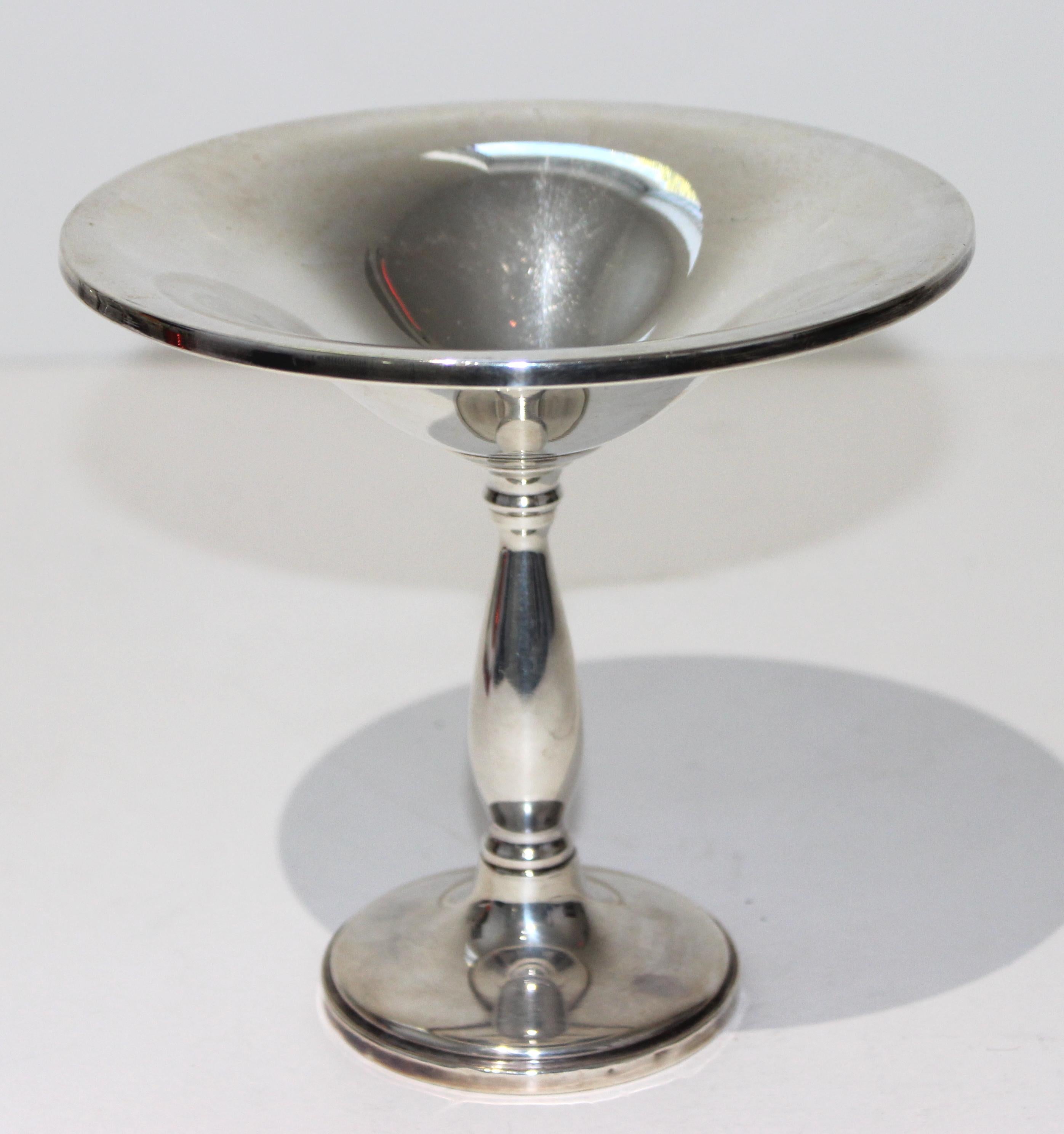 Stylish modern sterling silver compote - note the design where the top edge is turned down - from a Palm Beach estate.

Weight is 7.6 oz.