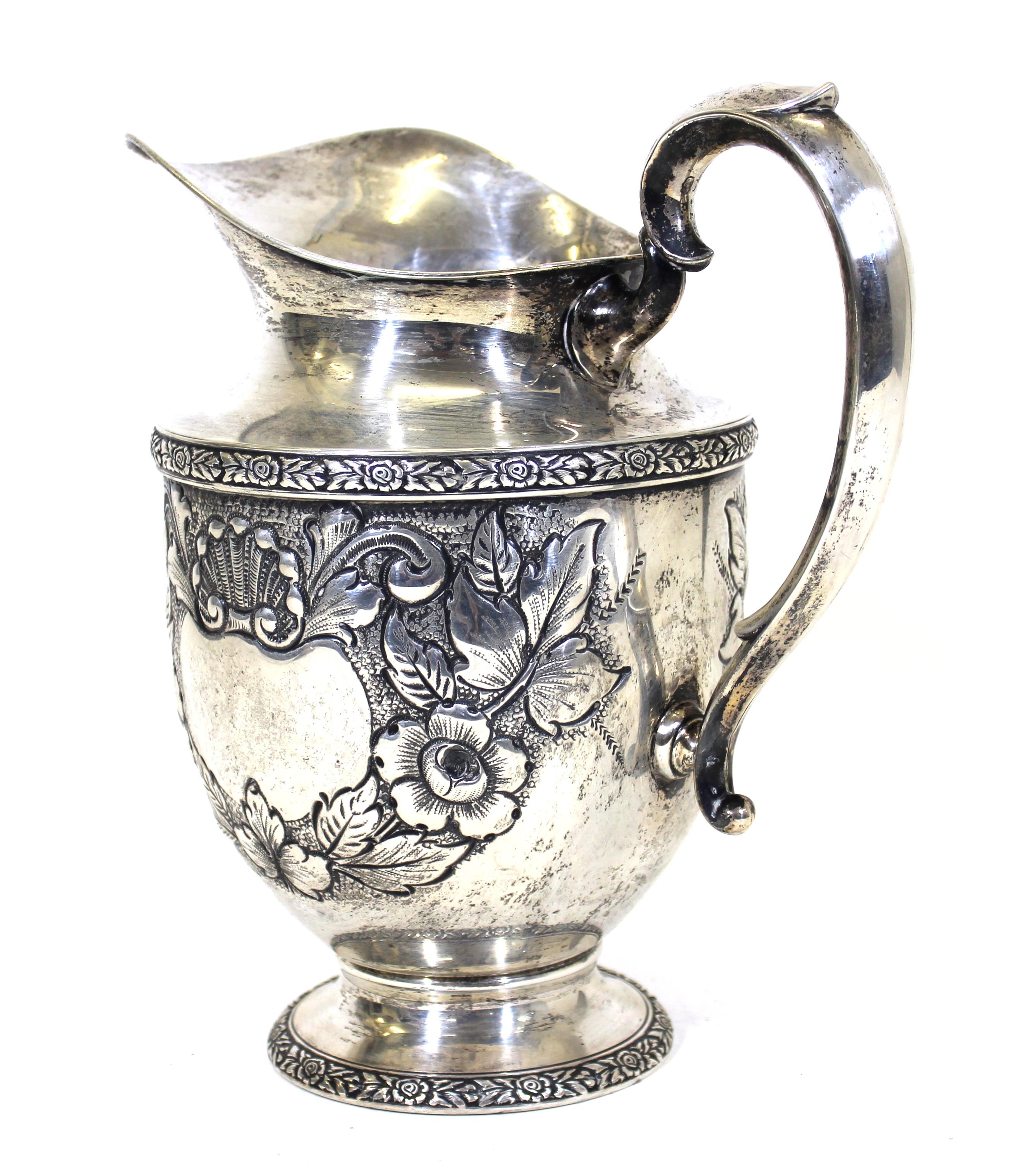 20th Century Fisher Sterling Silver 'Rose Bouquet' Pitcher
