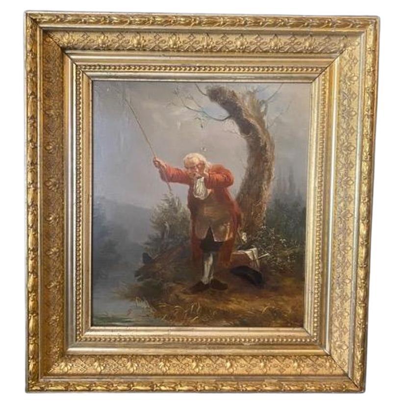 "Fisherman" by Jan David Col Mid-19th Century Painting in Gold Gilt Frame For Sale
