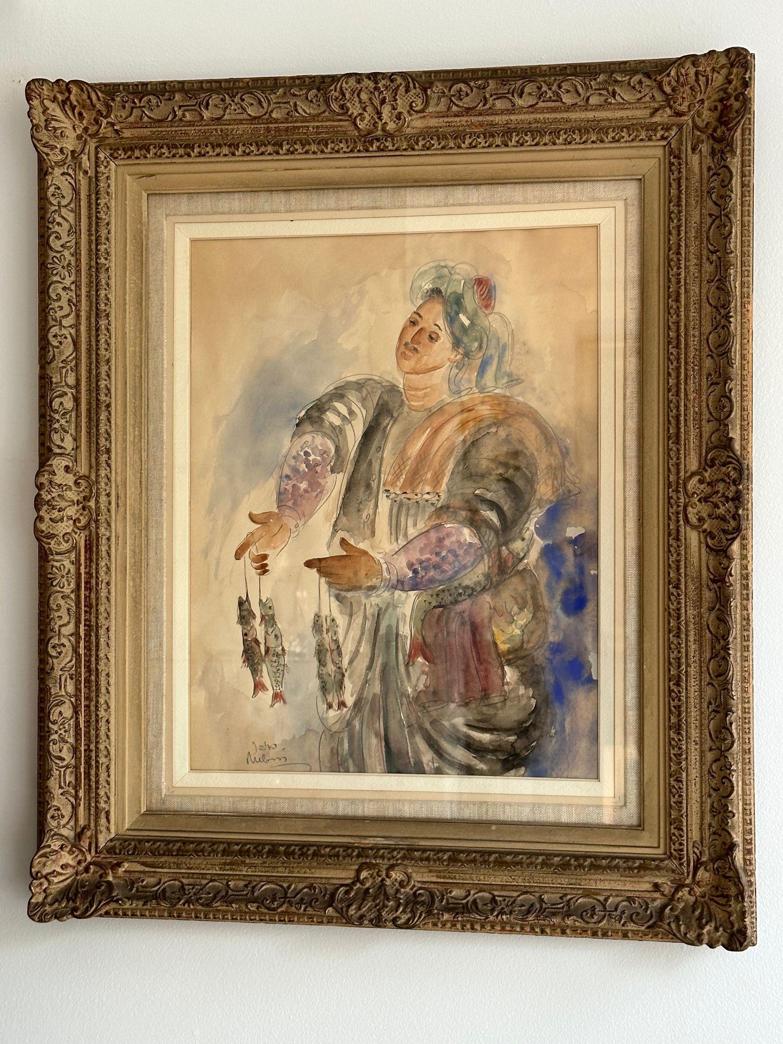 Fisherman by Reuven Rubin (1893-1974), watercolor on paper.
Signed lower left, Rubin in English and Reuben in Hebrew. 
Dimensions with frame: 43x63 cm
Original frame included. 
An Arab Fisherman occupies the central figure in this marvelous