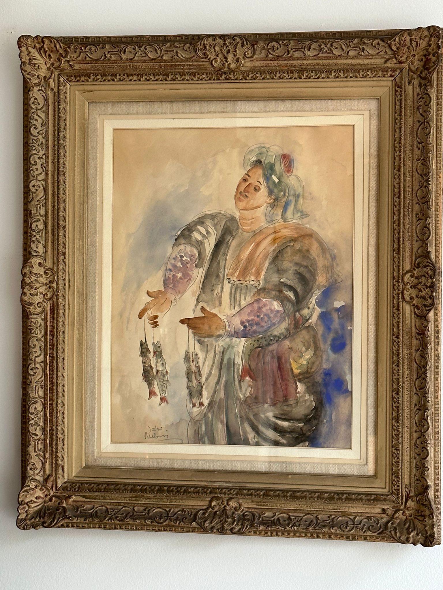 Expressionist Fisherman by Reuven Rubin- Watercolor Painting For Sale