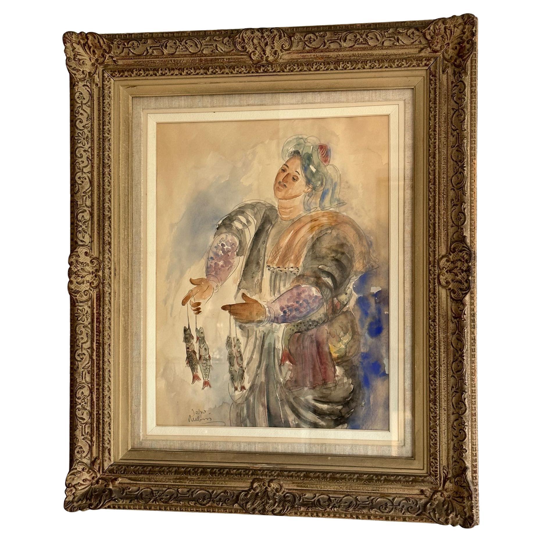 Fisherman by Reuven Rubin- Watercolor Painting For Sale