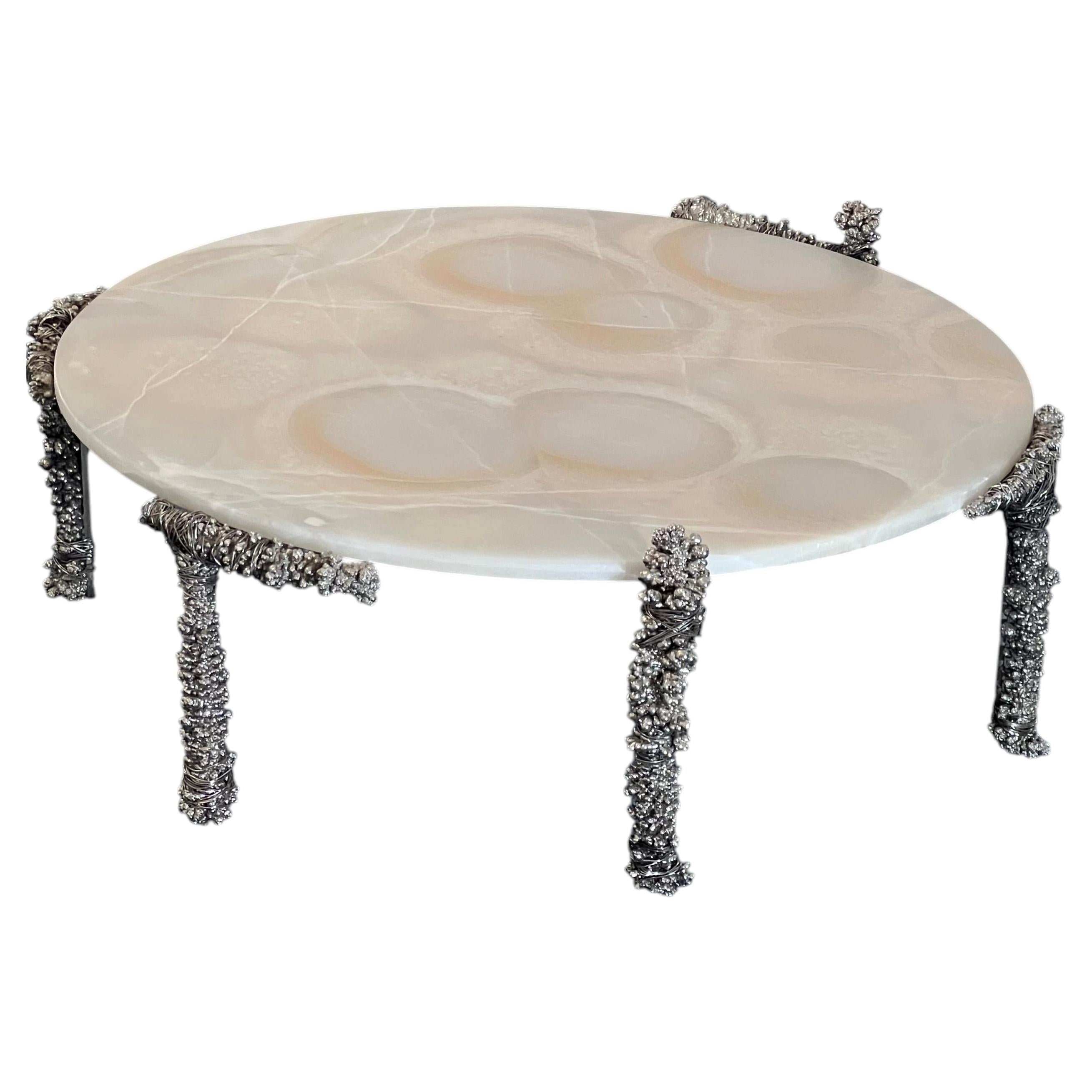 Sculptural Coffee Table, Hand-Carved Onyx Top, Recycled/Reclaimed Metal & Steel