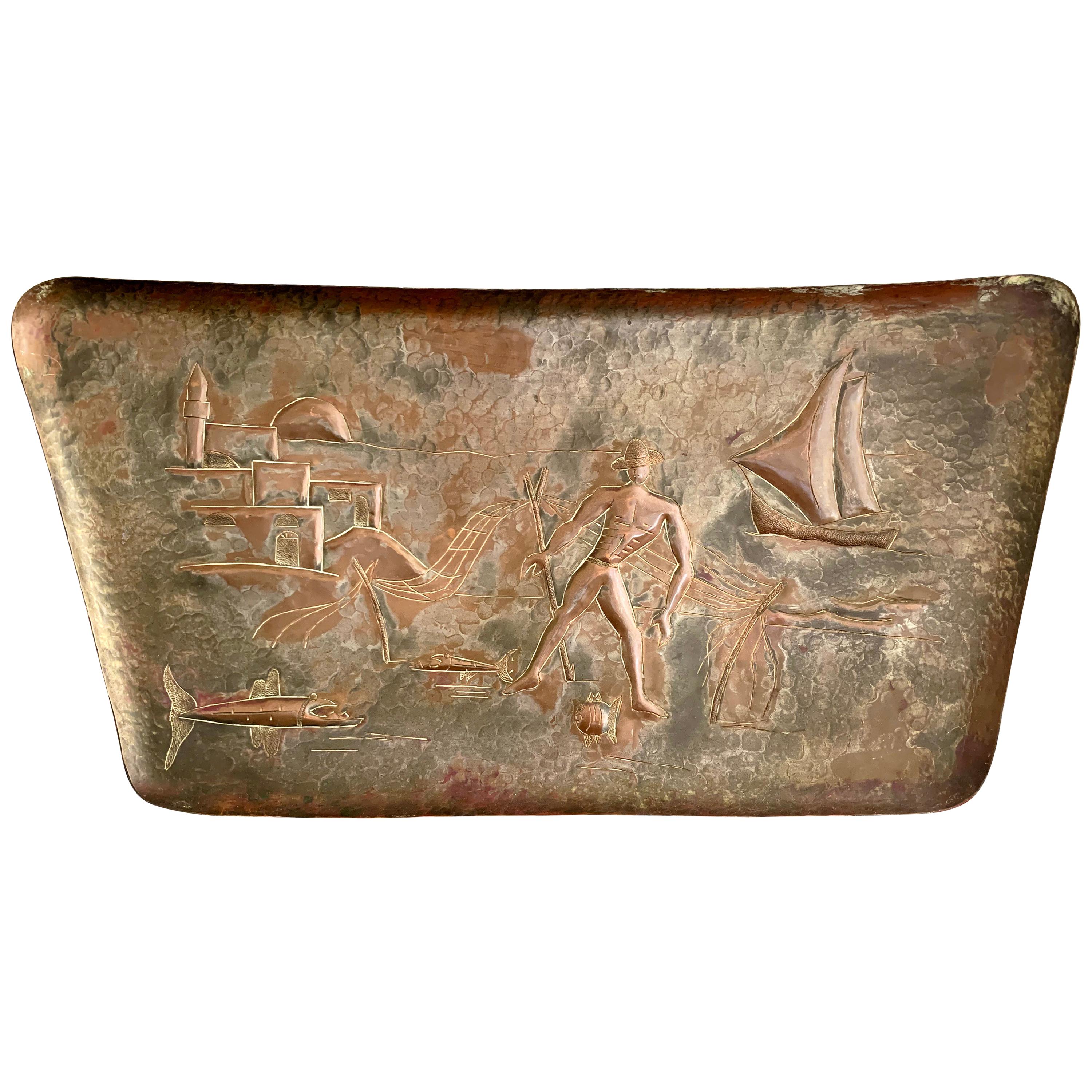 "Fisherman in Israel, " Brilliant Midcentury Copper Panel with Repoussé Scene