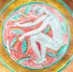 "Fisherman in Pink and Gold, " Unique, High Style Art Deco Plate with Nude Male