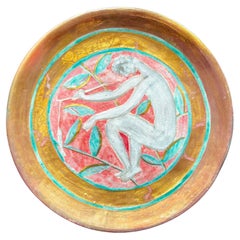 "Fisherman in Pink and Gold, " Unique, High Style Art Deco Plate with Nude Male