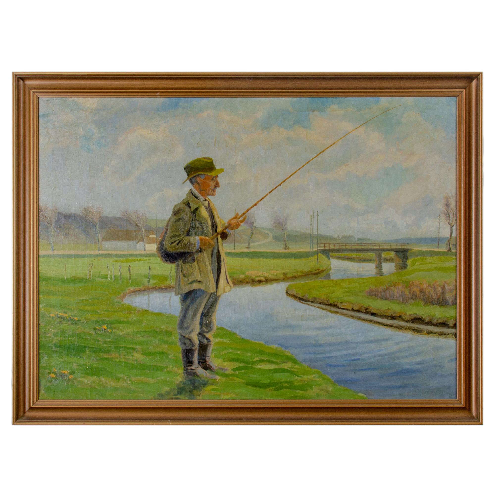 A large oil on canvas of a gentleman fishing by a stream in a rustic countryside, mid 20th century.  Unsigned, from a collection of Scandinavian paintings.

Sight: 43 ½ by 32 inches
Frame: 47 ½ by 36 inches

