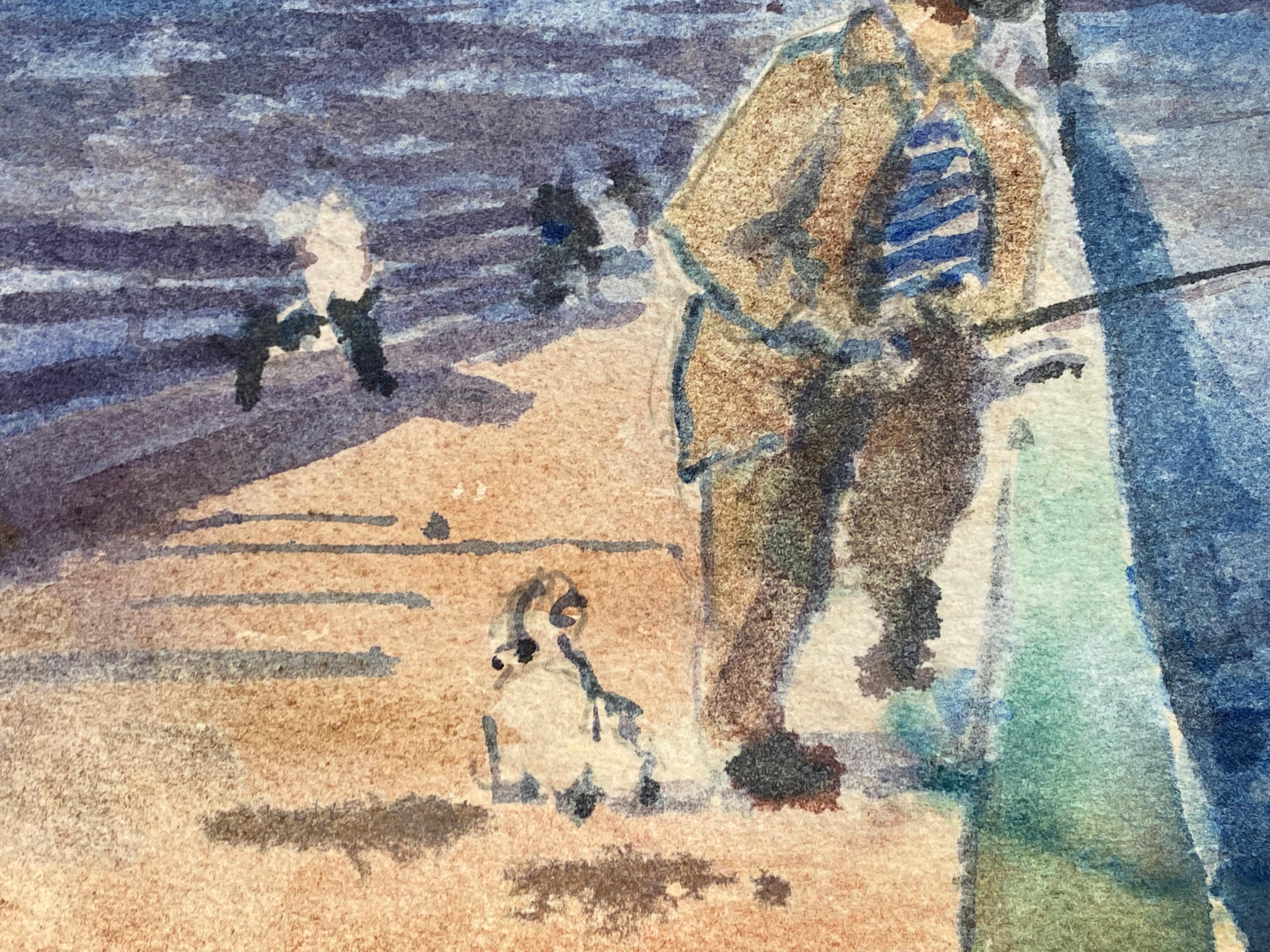 20th Century Fisherman On Quay Maurice Mazeilie, French Impressionist Watercolour For Sale