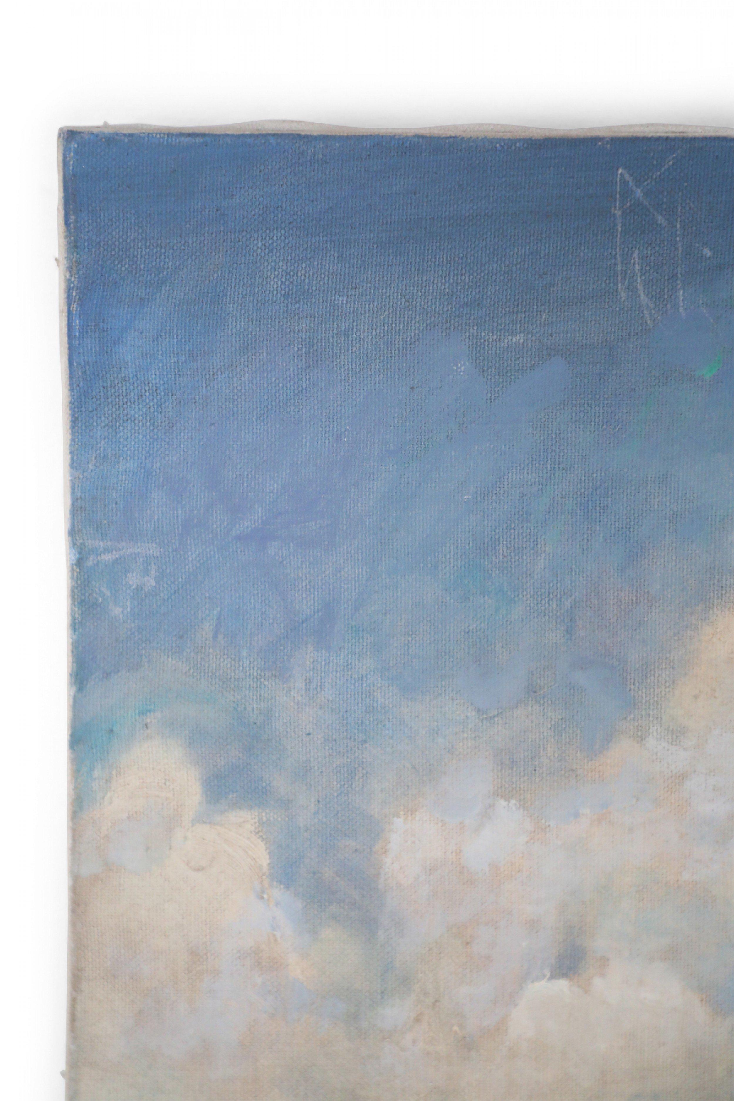 Peinture à l'huile d'époque (20ème siècle) représentant des pêcheurs à terre avec leurs bateaux, regardant un horizon océanique animé par des voiliers, sur une toile rectangulaire, non encadrée.