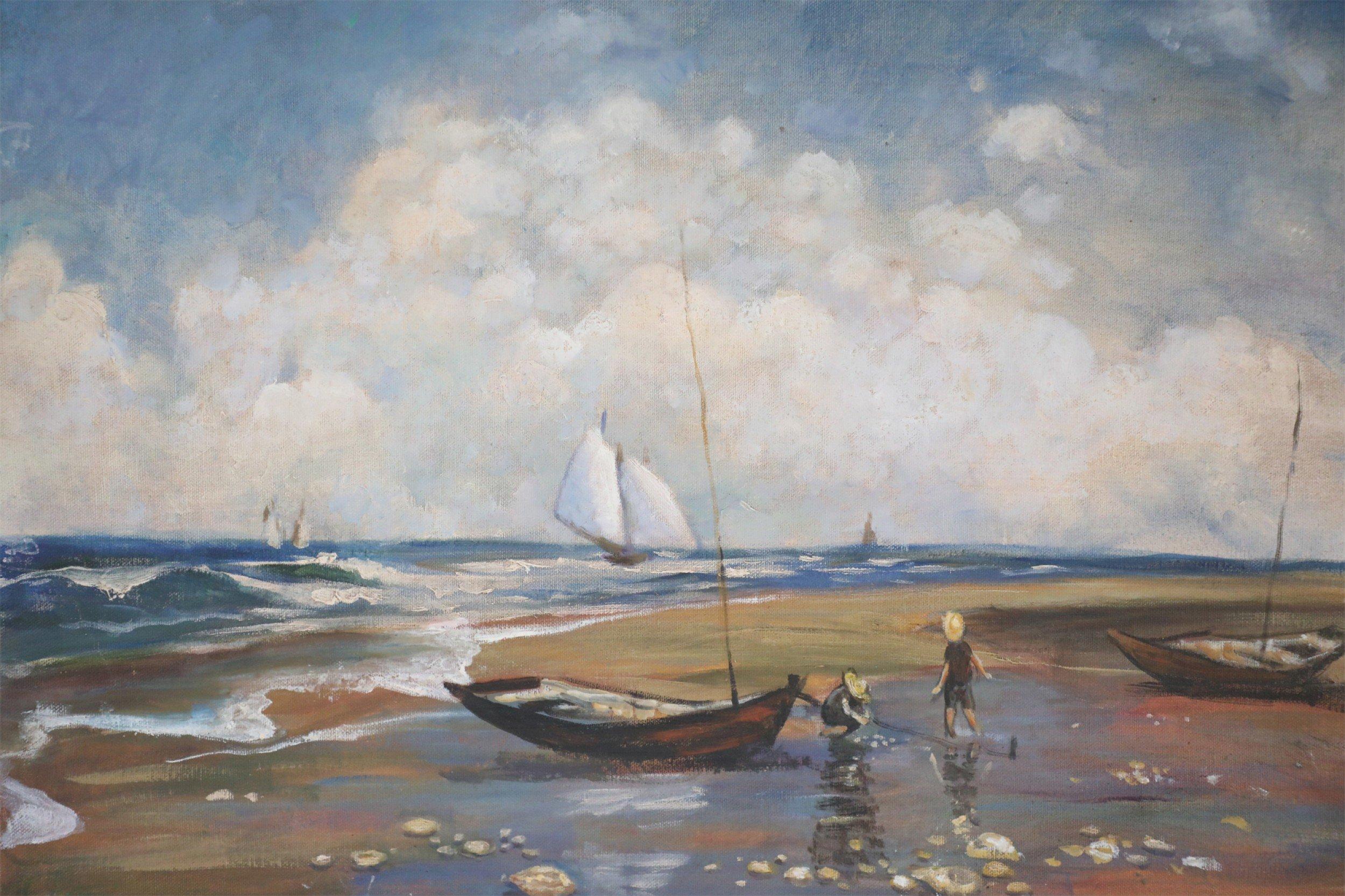Oiled Fishermen and Sailboats Seascape Oil Painting on Canvas For Sale