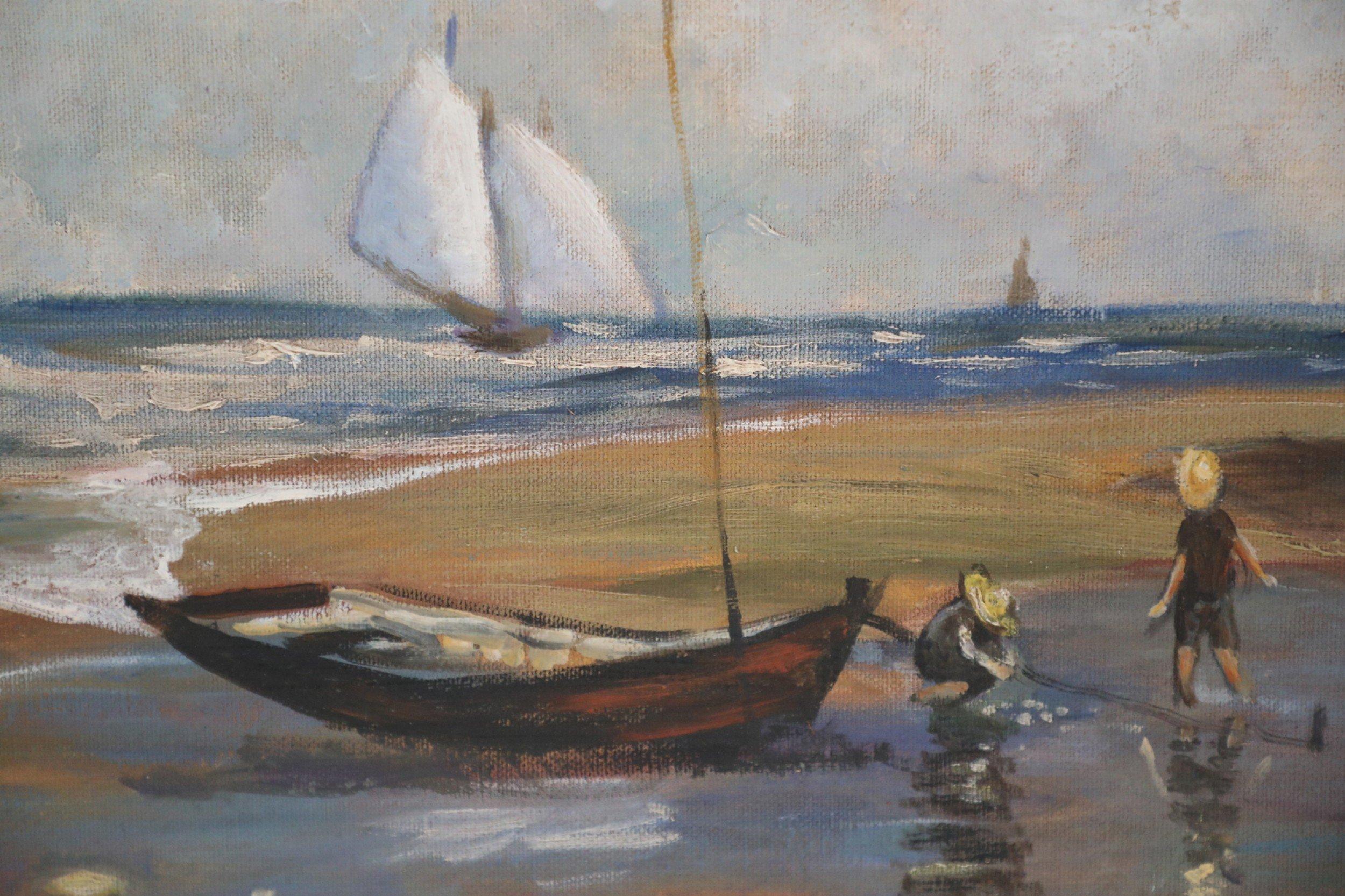 Fishermen and Sailboats Seascape Oil Painting on Canvas In Good Condition For Sale In New York, NY