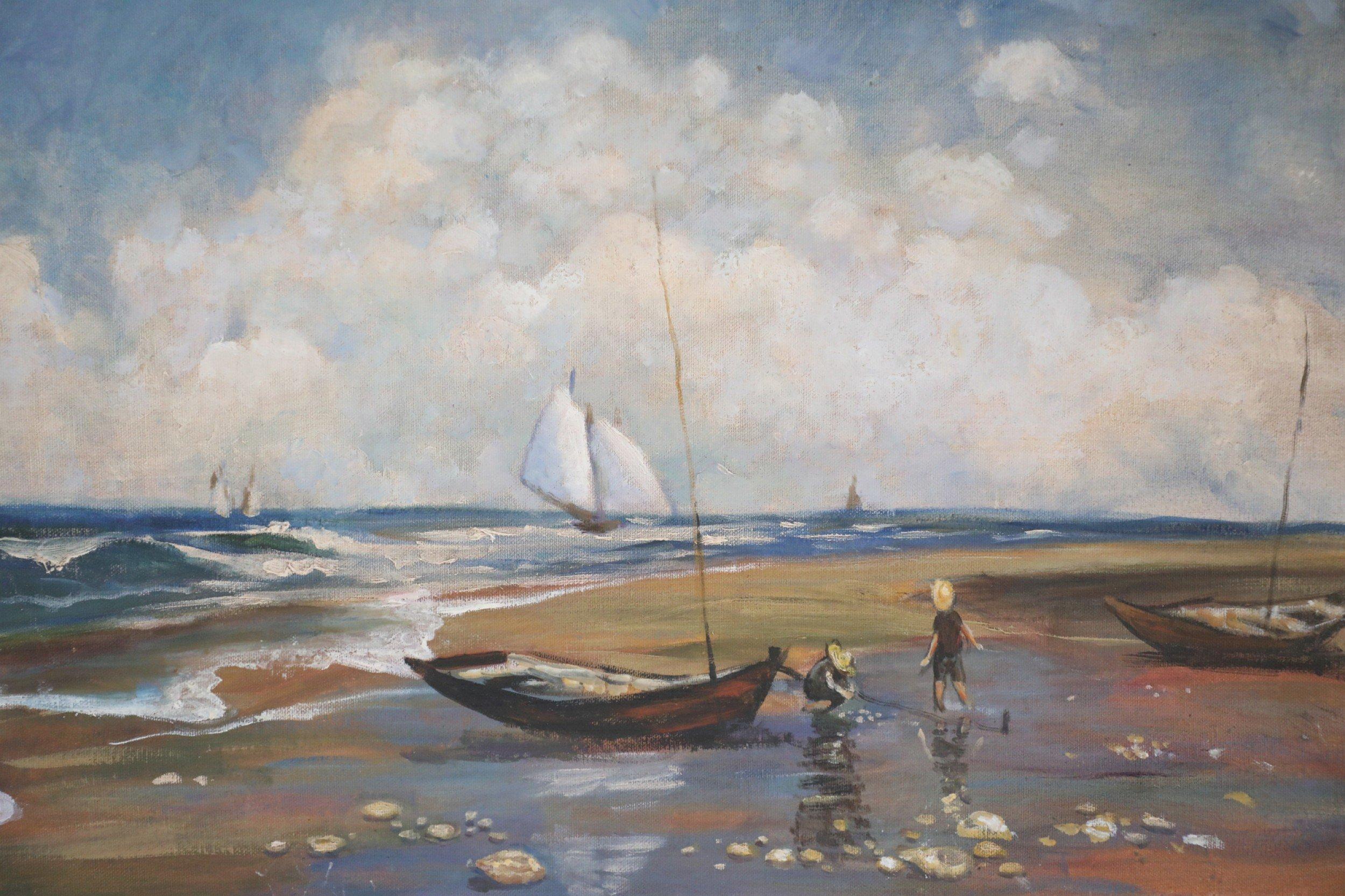 20ième siècle Peinture à l'huile sur toile - Paysage marin de pêcheurs et de voiliers en vente