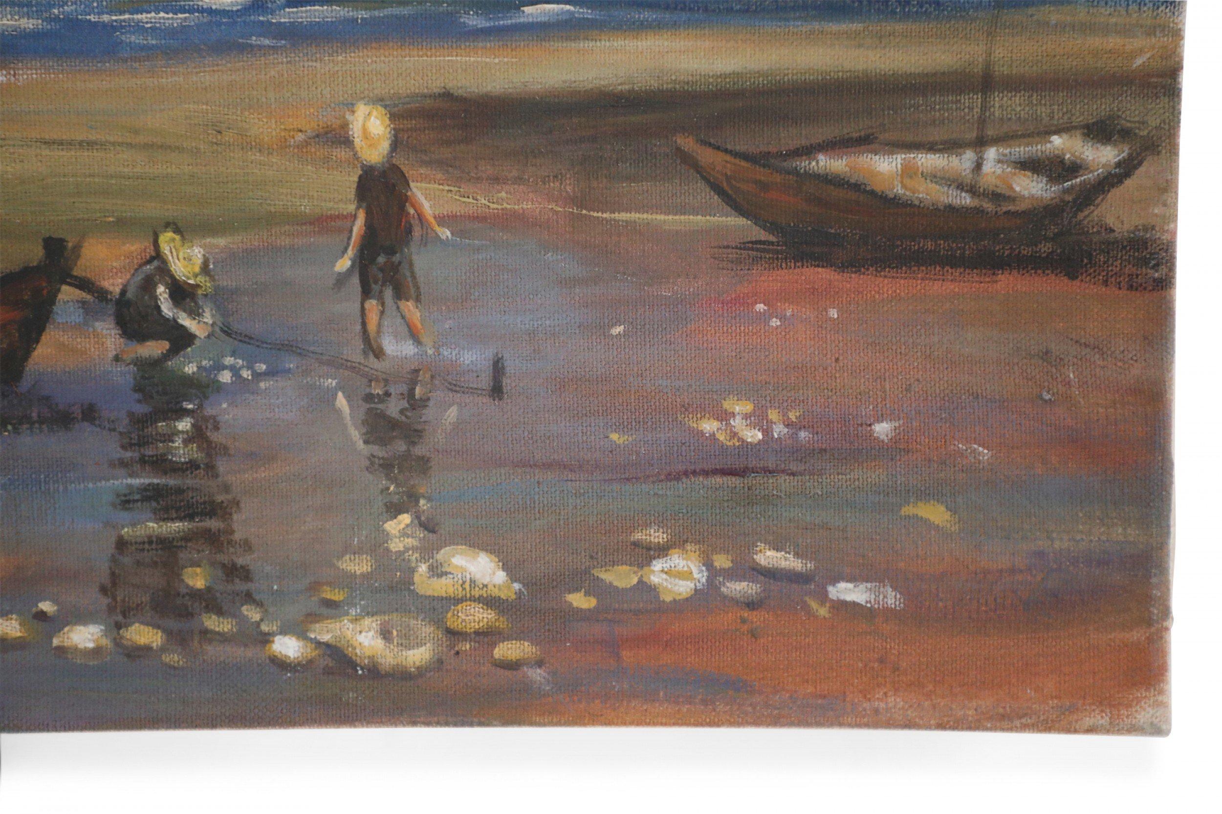Peinture à l'huile sur toile - Paysage marin de pêcheurs et de voiliers en vente 1