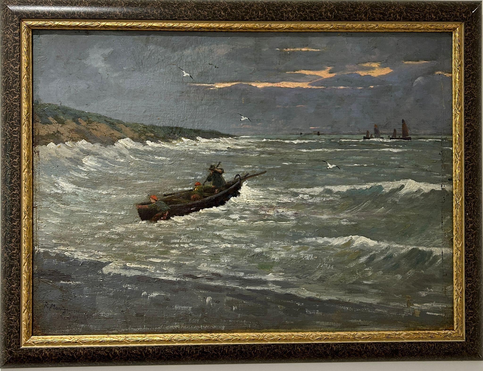 Canvas Fishermen Heading out to Sea, Oil on canvas, Robert Montgomery 1839-1893 For Sale
