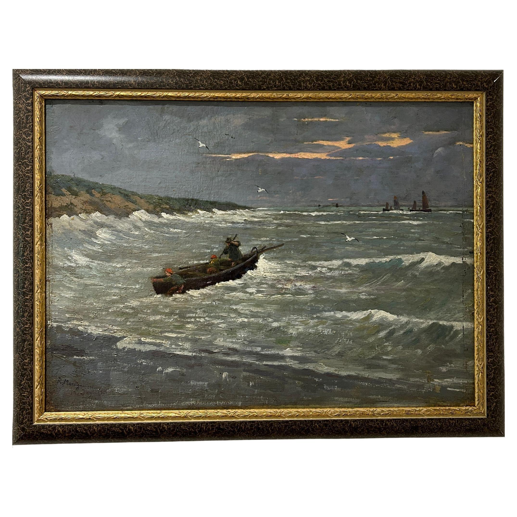 Fishermen Heading out to Sea, Oil on canvas, Robert Montgomery 1839-1893 For Sale