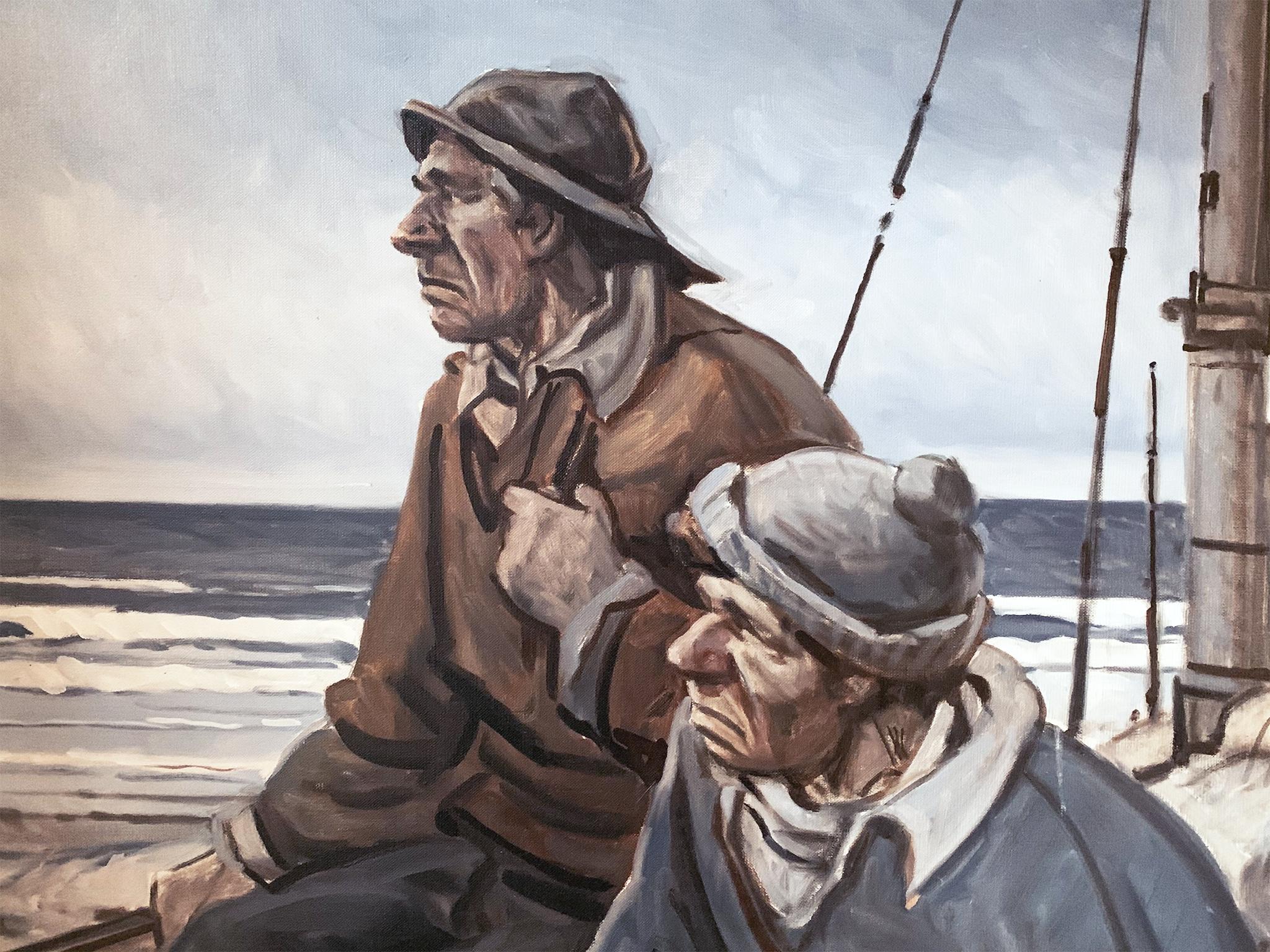 A maritime portrait of two fishermen staring off into the distance. A palette of muted grays, blues, and pale sepia, applied in thin layers, evokes a wintry scene. It's a beautifully quiet painting with a wistful atmosphere.

Oil on canvas.
