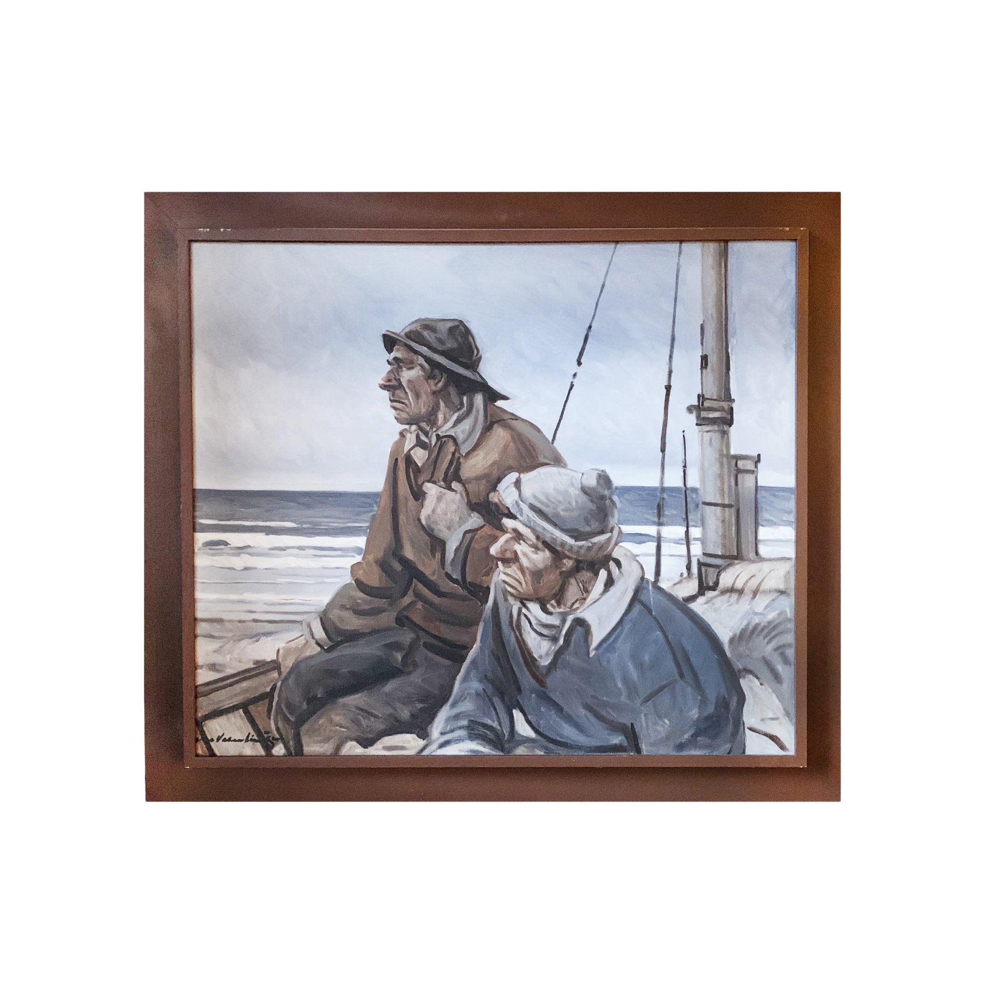 "Fishermen Overlooking Sea", Framed Oil Painting