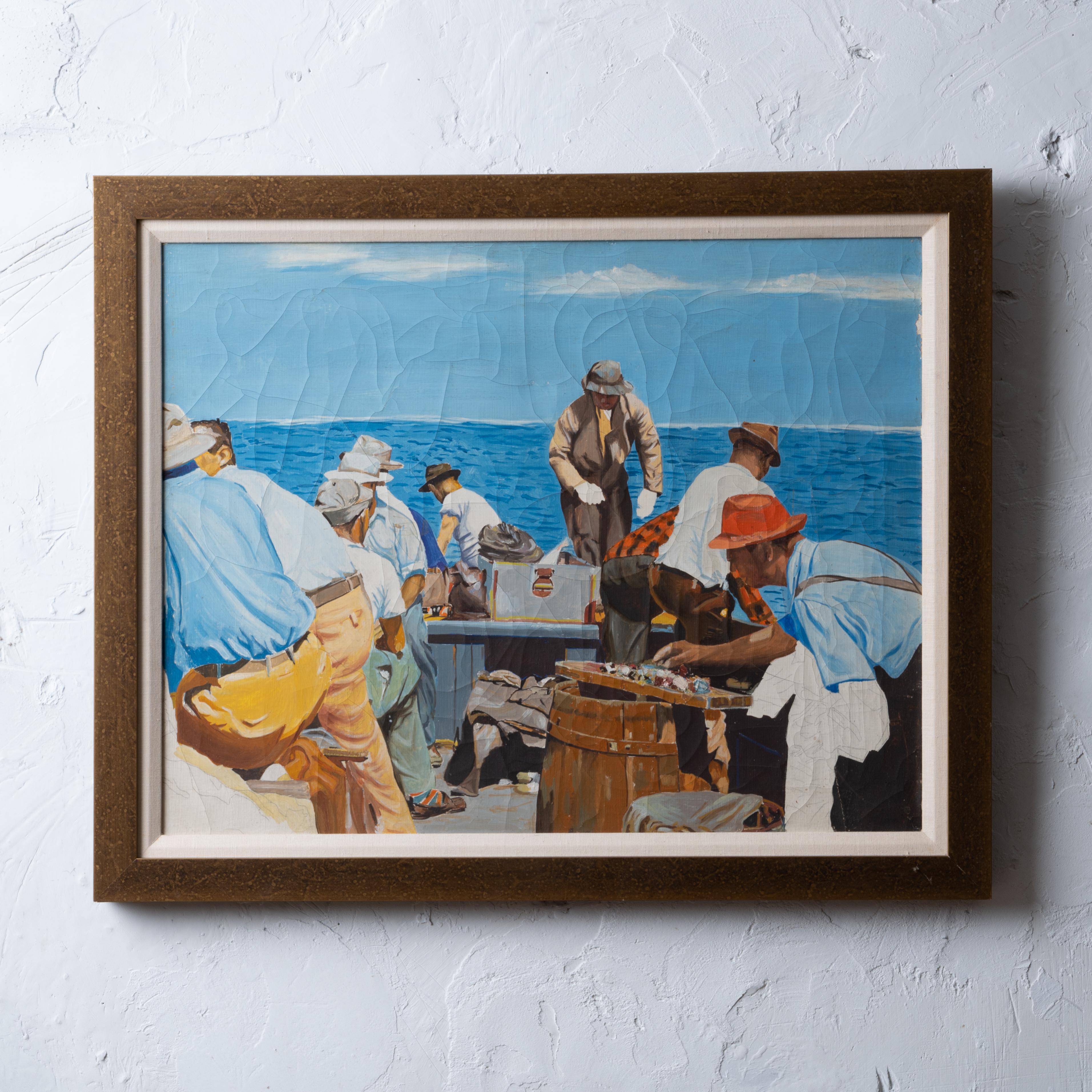 An oil on canvas of a fishing charter boat at sea with fishermen.  Likely an illustration for a publication circa 1940s.

canvas: 27 by 21 inches
frame: 31 by 25 inches

Fair overall with unfinished portions and craquelure.
