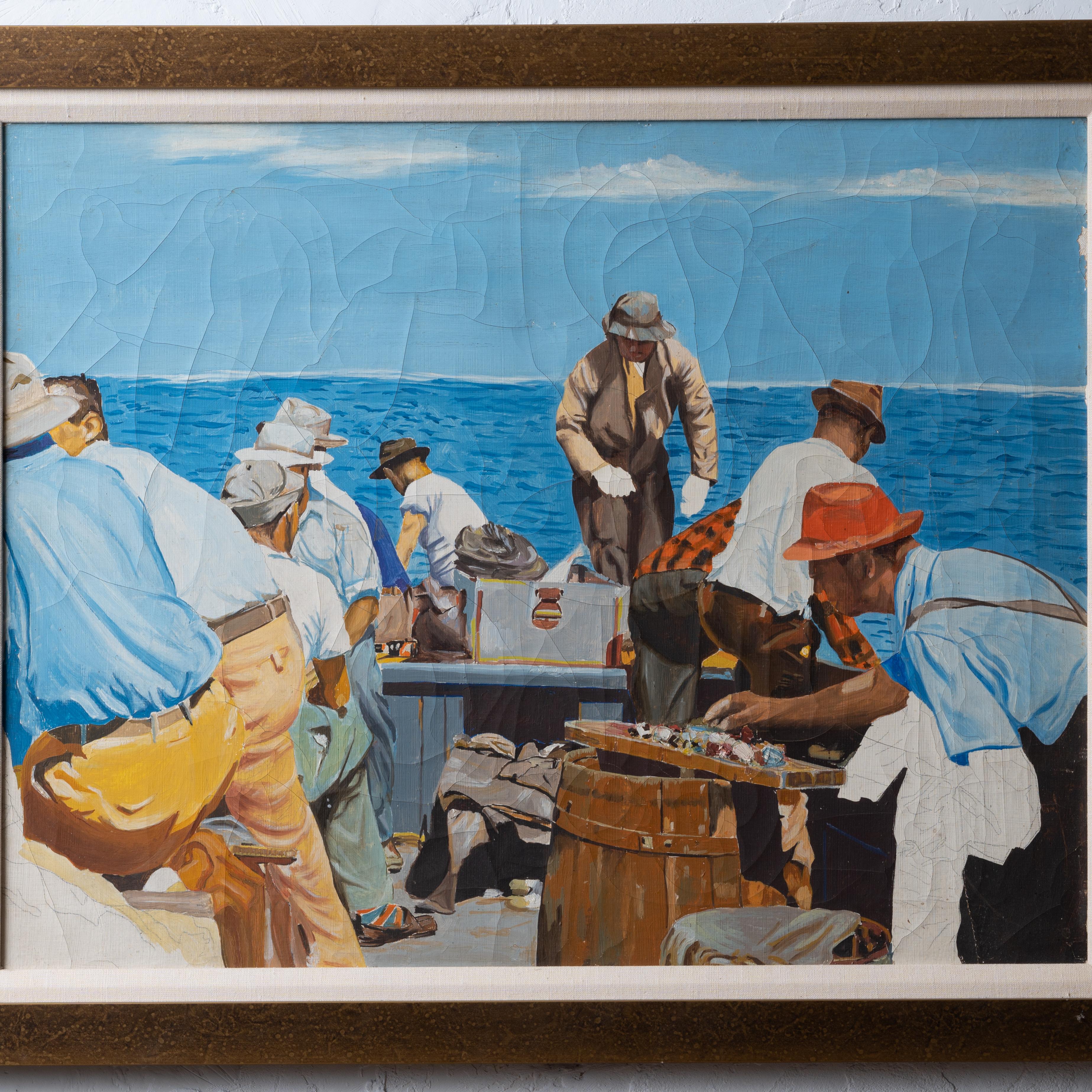 Fishermen Painting, 1940s In Fair Condition For Sale In Savannah, GA