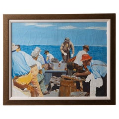 Vintage Fishermen Painting, 1940s