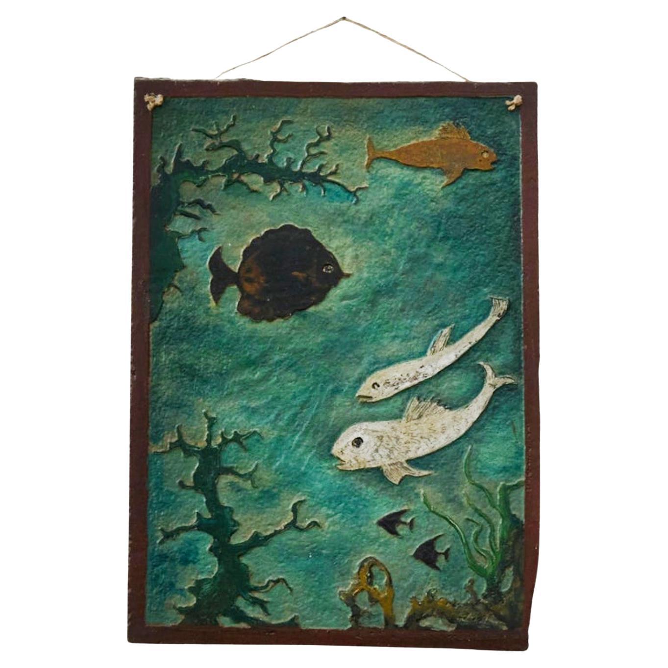 Pannello decorativo da parete con pesci di Eternit dei primi del Novecento