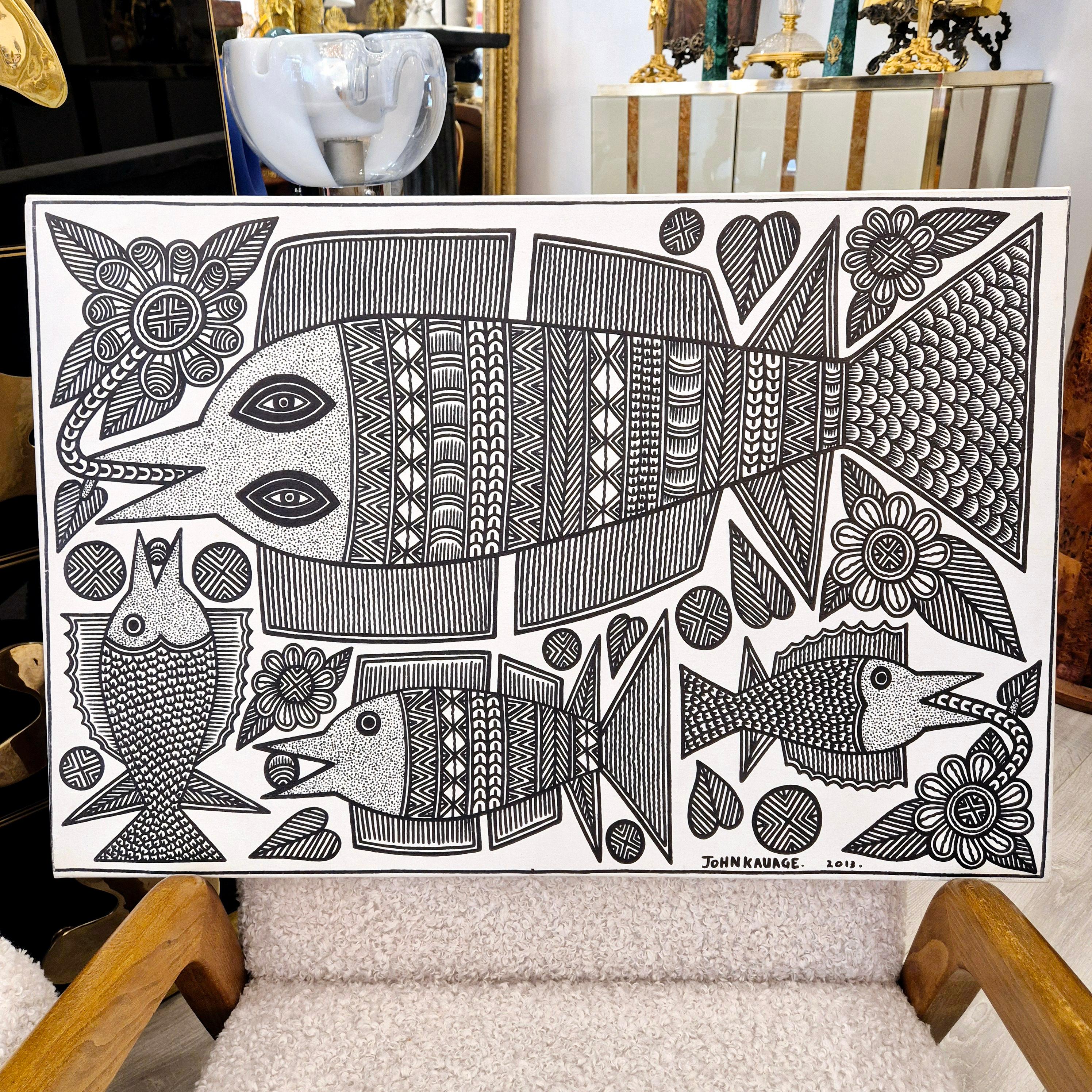 Tribal Fishes, John KAUAGE, Acrylic on canvas, Papua New Guinea, 2013 For Sale