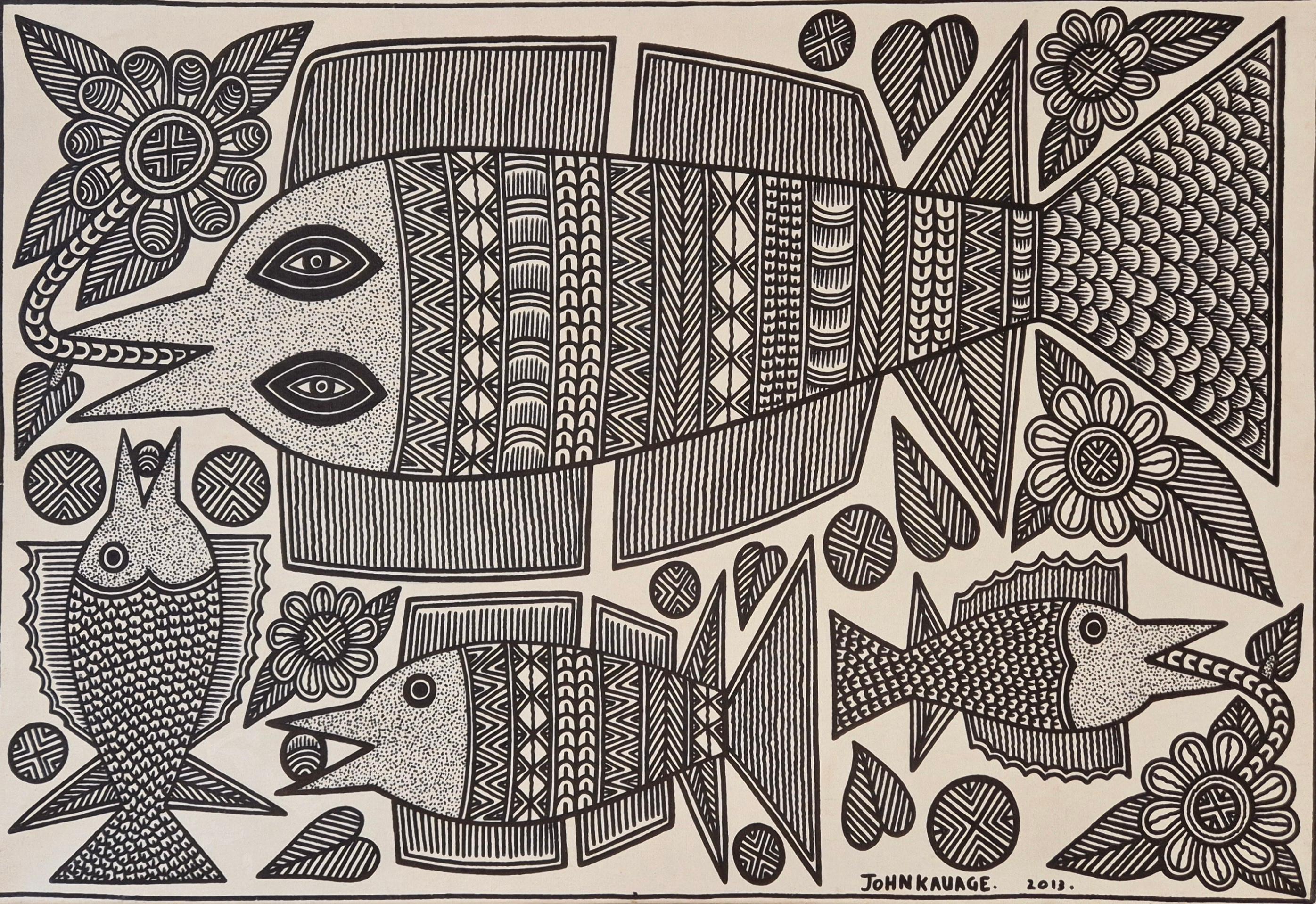 Fishes, John KAUAGE, Acrylic on canvas, Papua New Guinea, 2013 For Sale 1