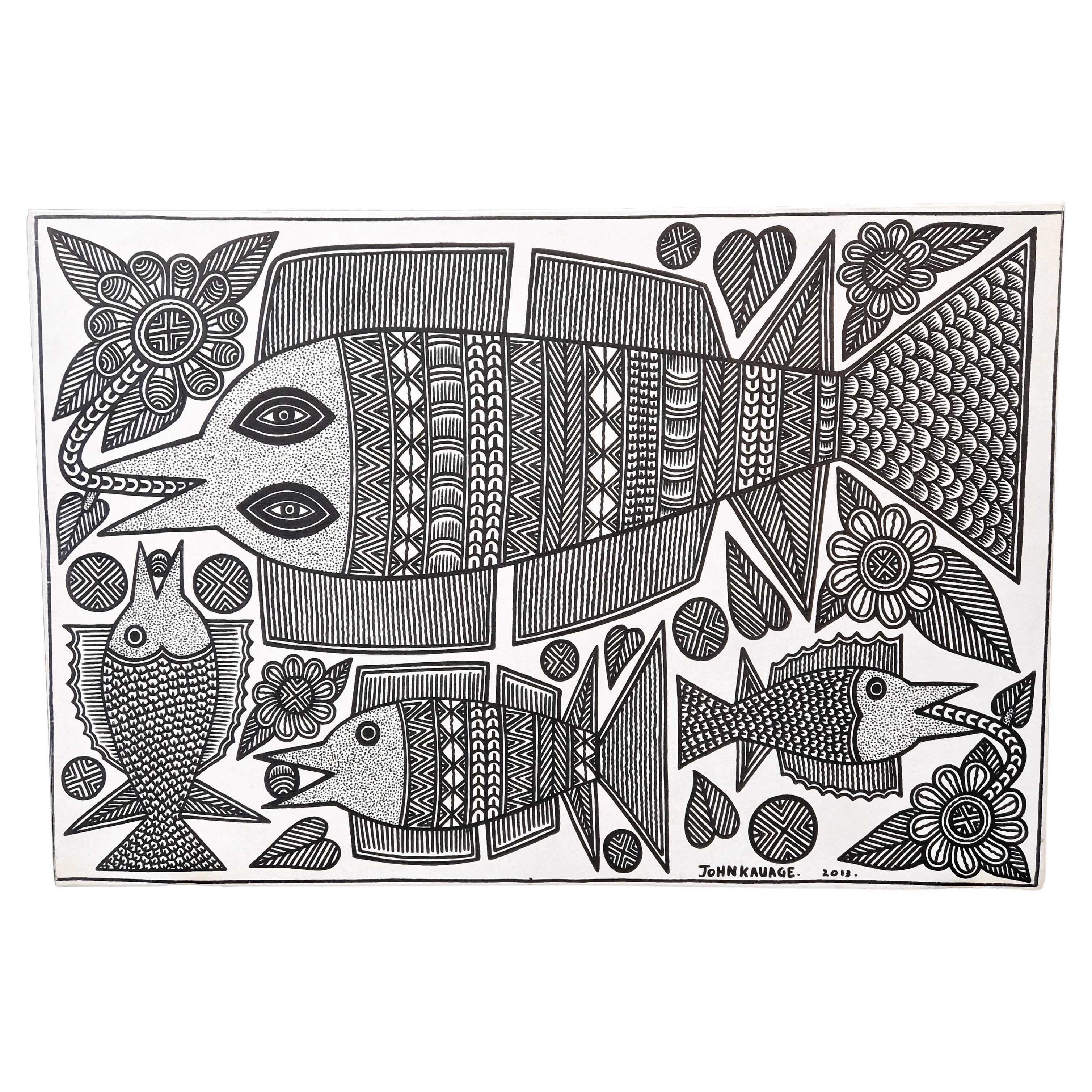 Fishes, John KAUAGE, Acrylic on canvas, Papua New Guinea, 2013 For Sale