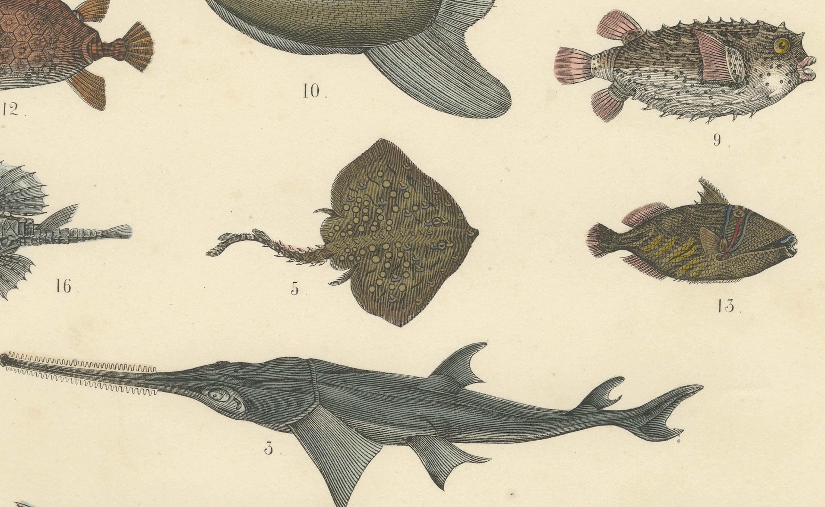 Allemand Gravure sur les poissons et la vie marine : Requin, hippocampe, poisson lune, raie - Antique 1867 en vente