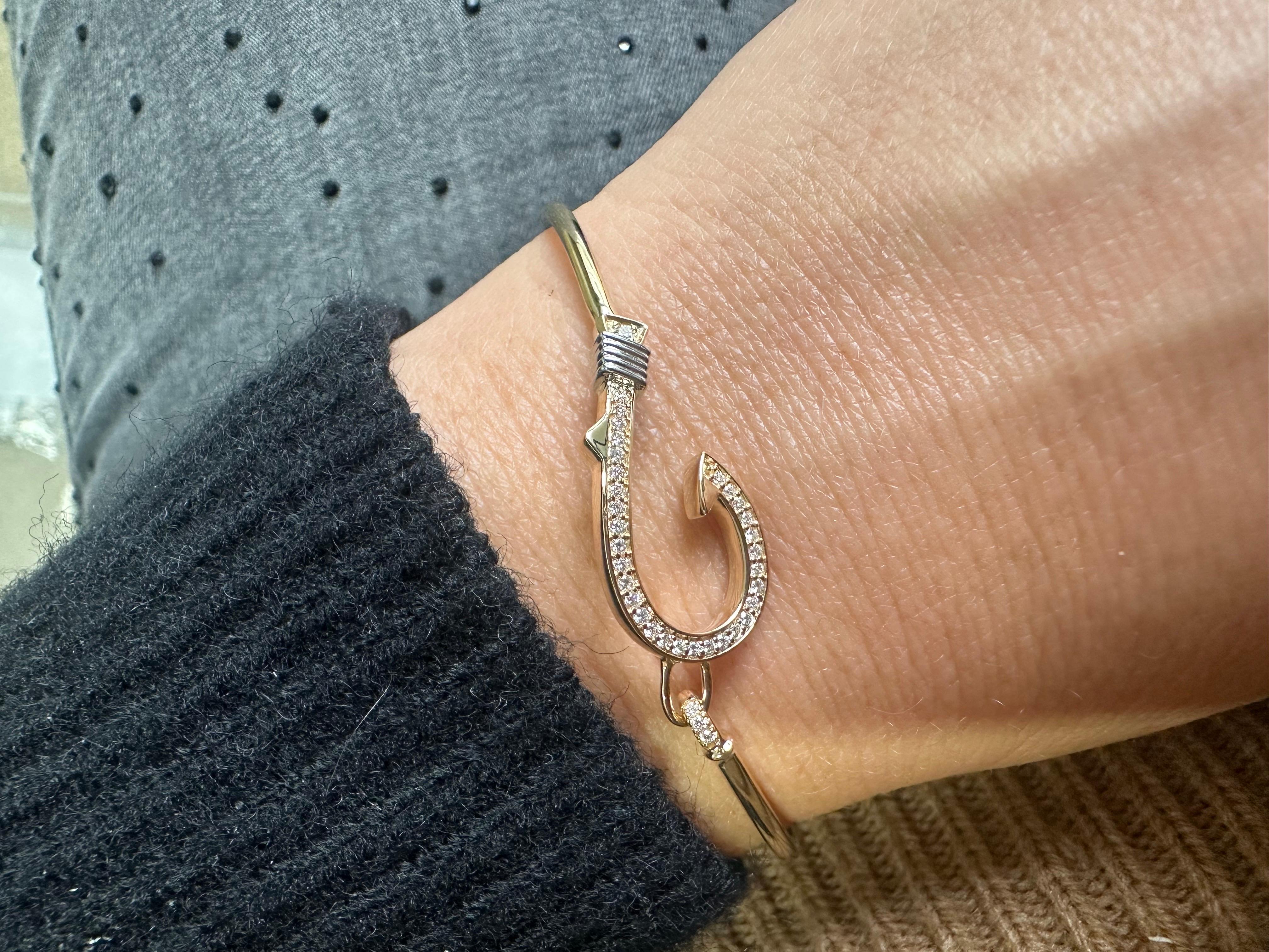 Brilliant Cut Fishhook diamond bracelet 14KT gold bangle bracelet stunning! For Sale