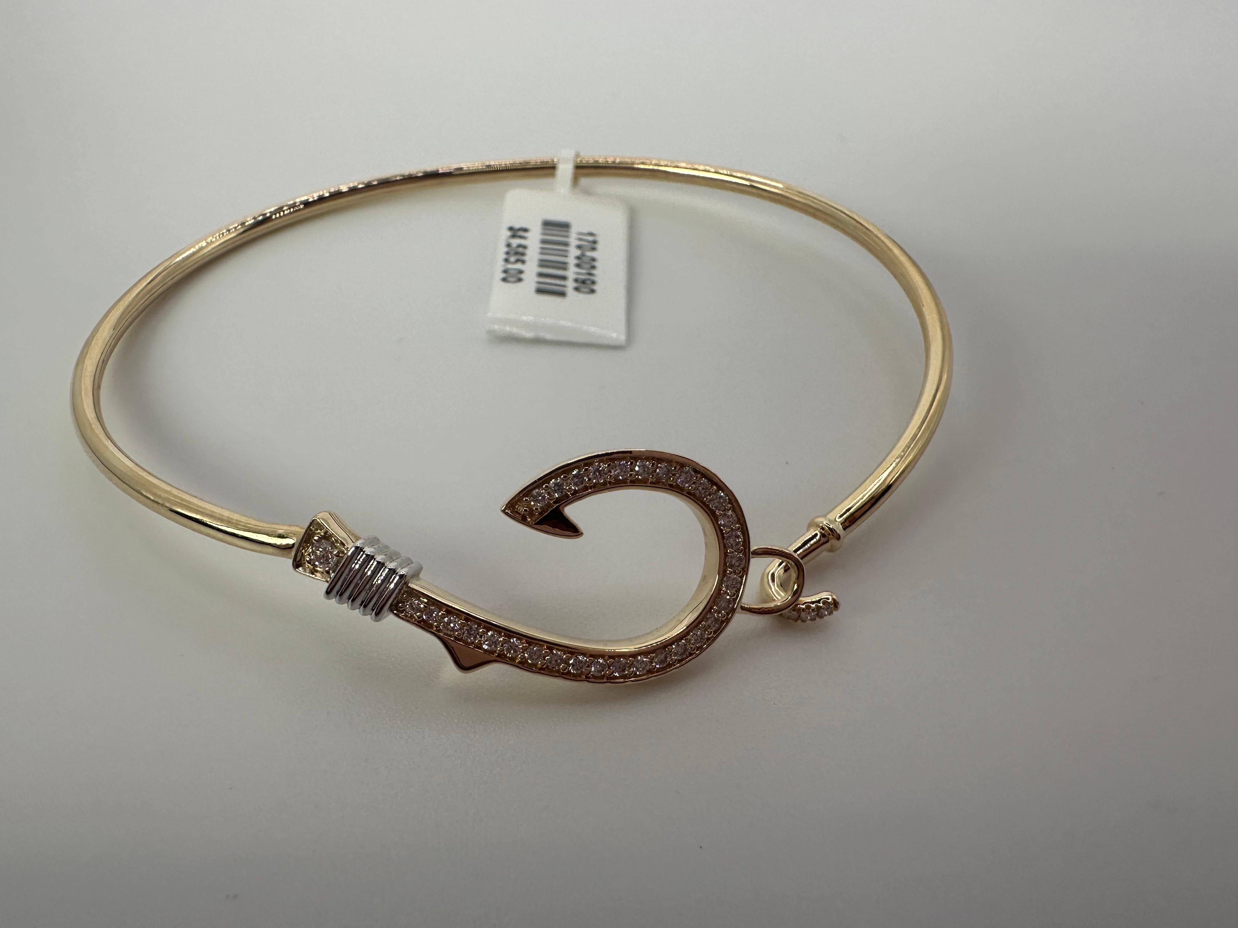 Women's or Men's Fishhook diamond bracelet 14KT gold bangle bracelet stunning! For Sale