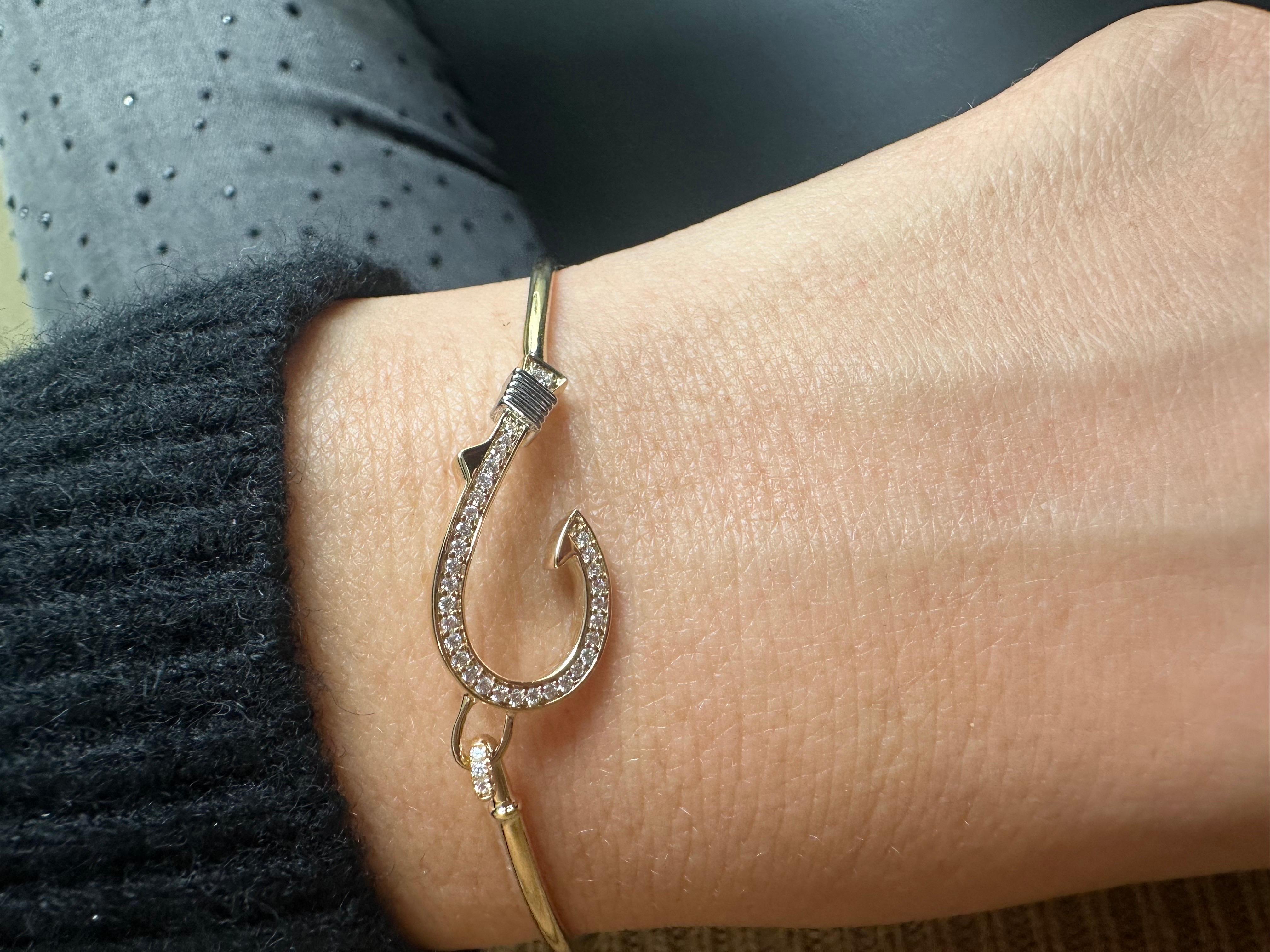 Fishhook diamond bracelet 14KT gold bangle bracelet stunning! For Sale 1