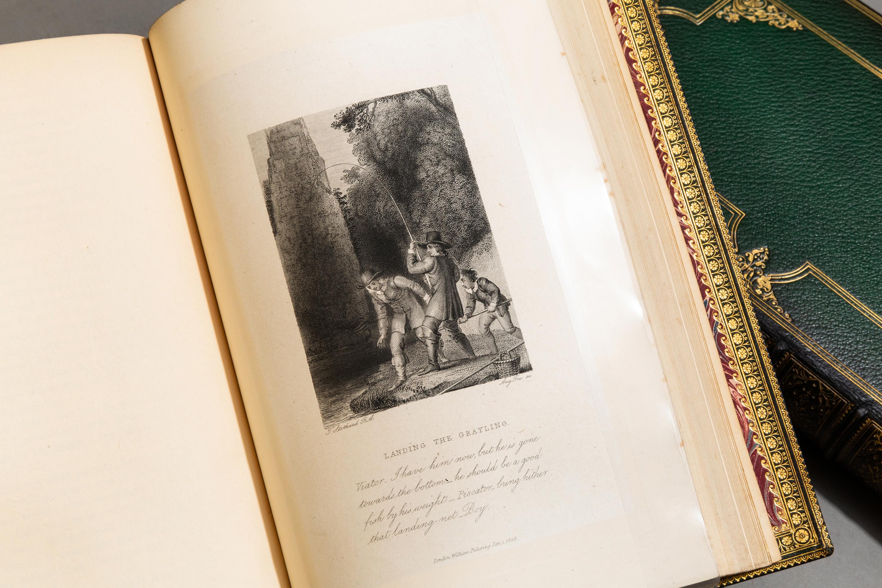 2 Volumes. Izaak Walton & Joseph Cotton. The Compleat Angler. Bound in full green morocco by
Riviere, all edges gilt, raised bands, ornate gilt on spines and covers, marbled endpapers, profusely
illustrated. Published: London: Nattali & Bond 1860.