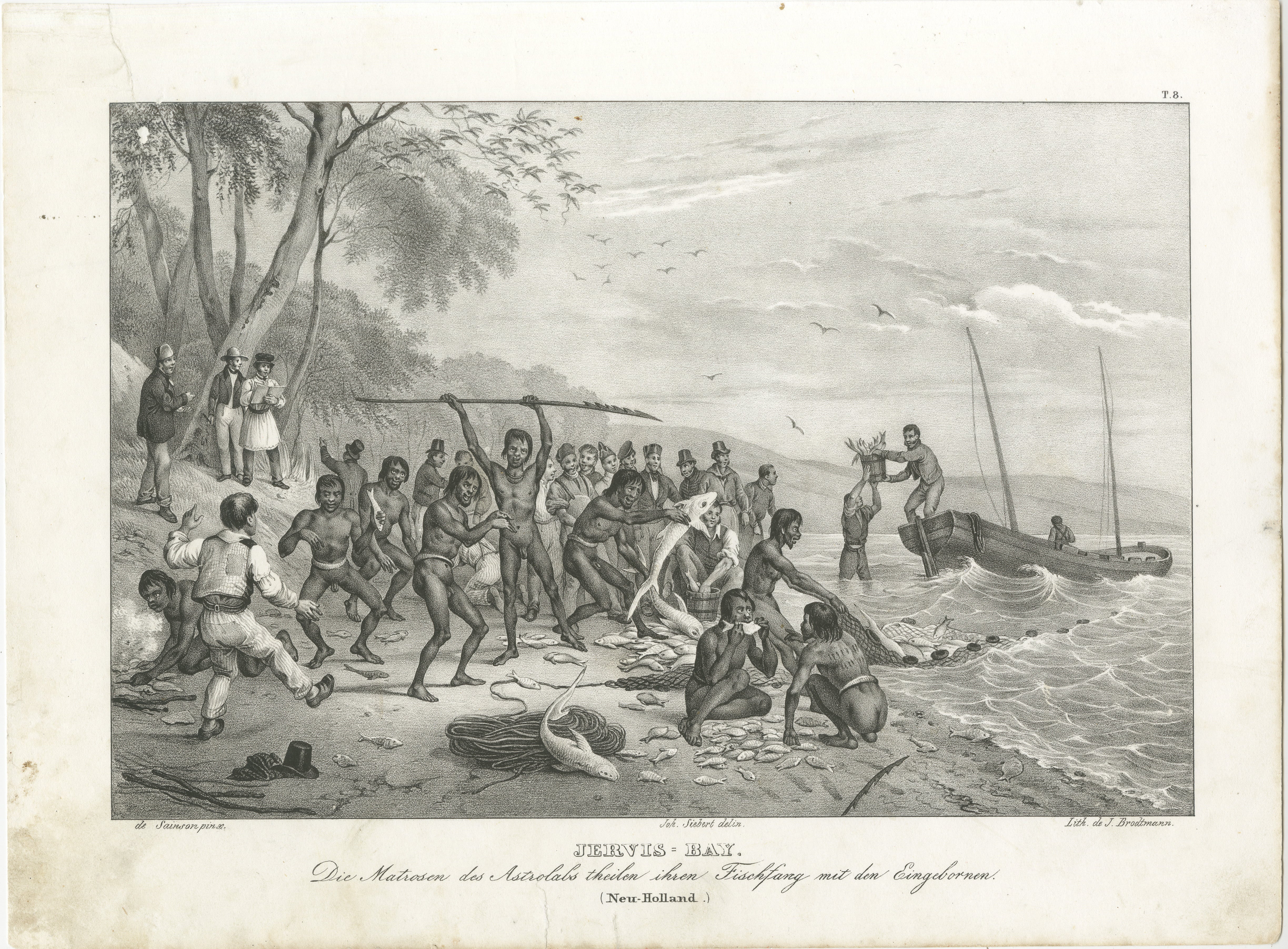 Titel: Collaboration Fischerei in der Jervis Bay: Astrolabium-Segler und indigene Völker  

Beschreibung: Diese bezaubernde Lithografie aus der Zeit um 1836 zeigt eine lebhafte Szene in der Jervis Bay in New Holland (dem heutigen Australien), in der