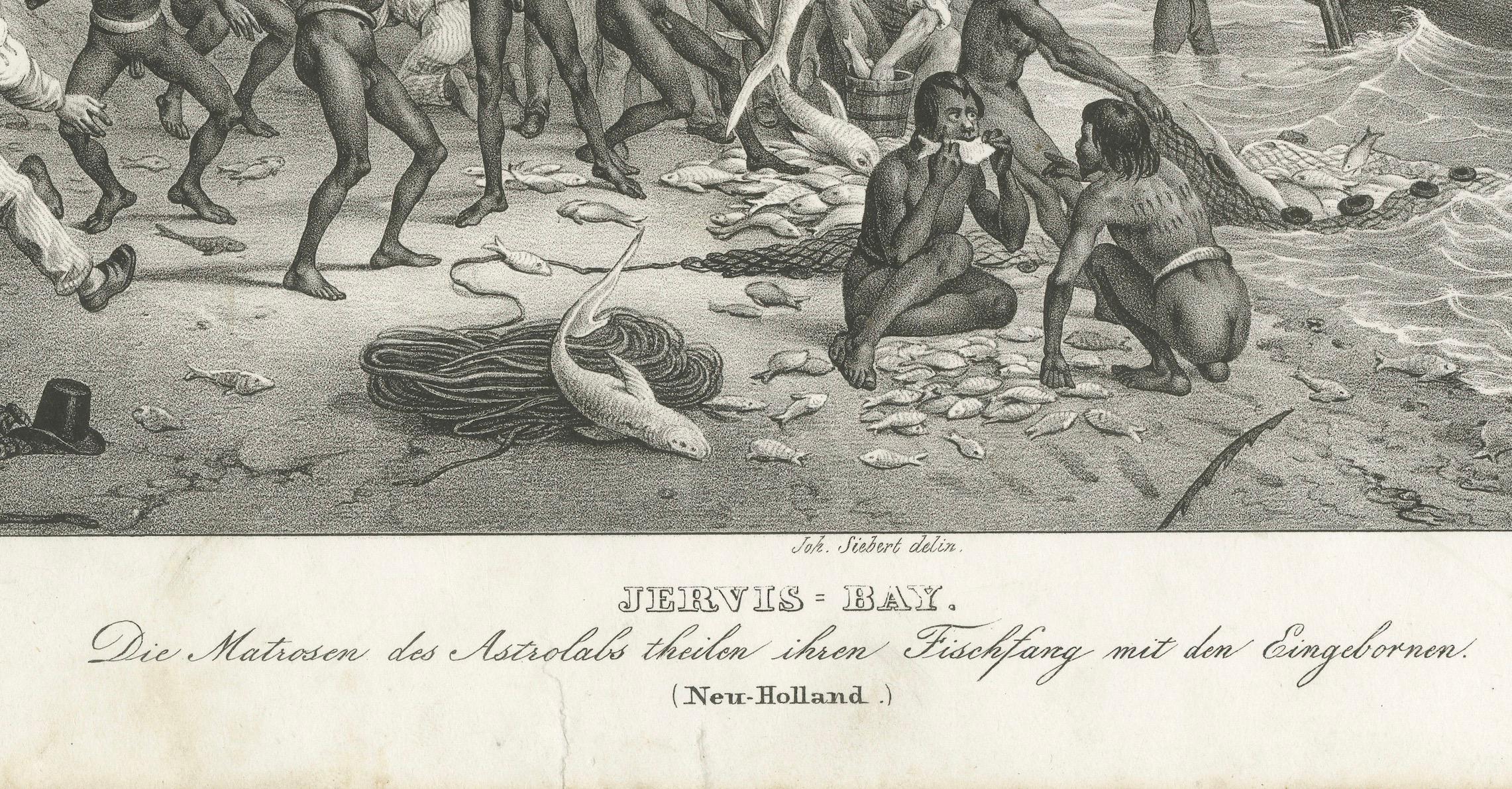 Fishing at Jervis Bay, Australien: Astrolabe-Seemanns und indigene Völker, 1836 im Zustand „Gut“ im Angebot in Langweer, NL