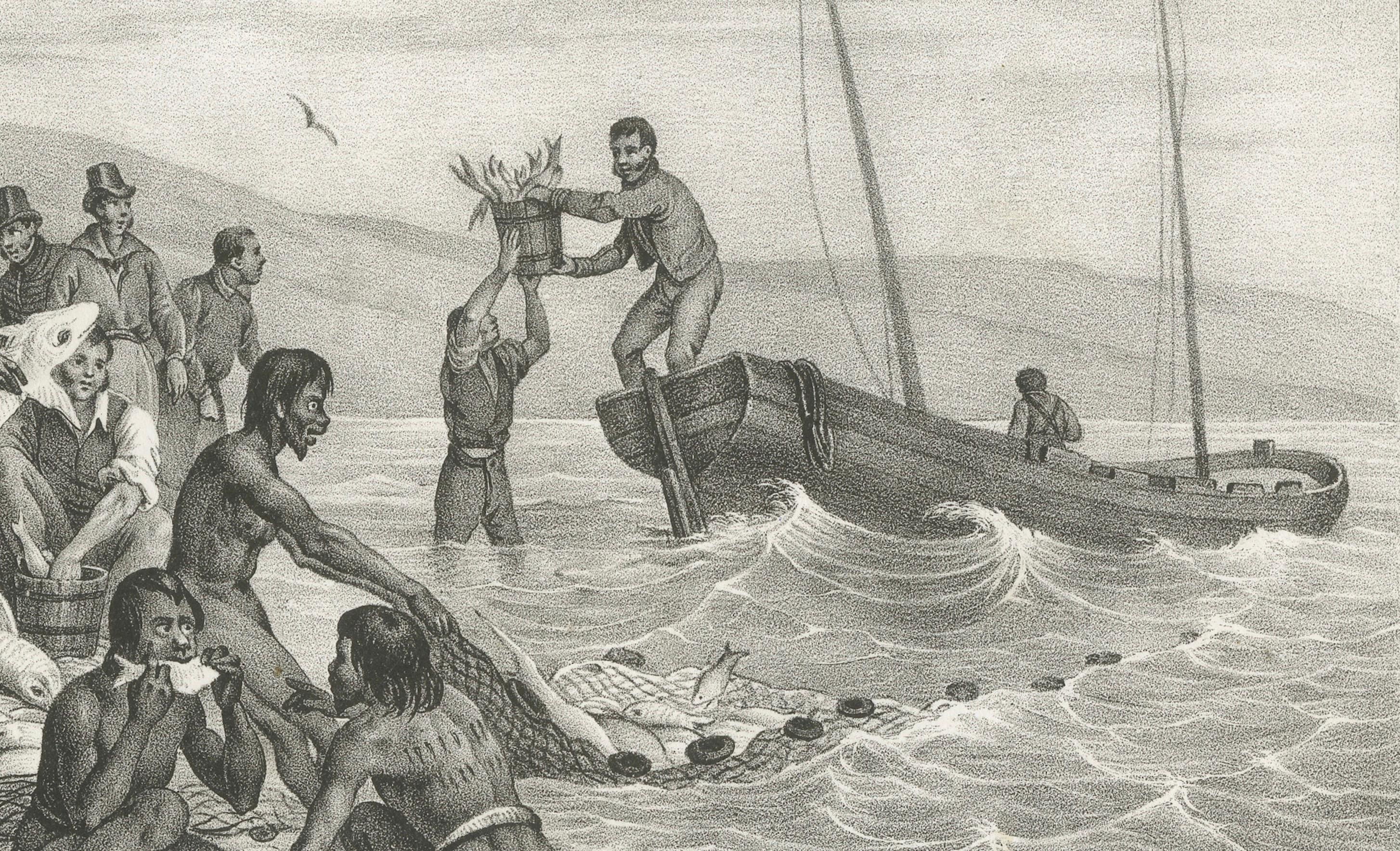 Fishing at Jervis Bay, Australien: Astrolabe-Seemanns und indigene Völker, 1836 (Mittleres 19. Jahrhundert) im Angebot