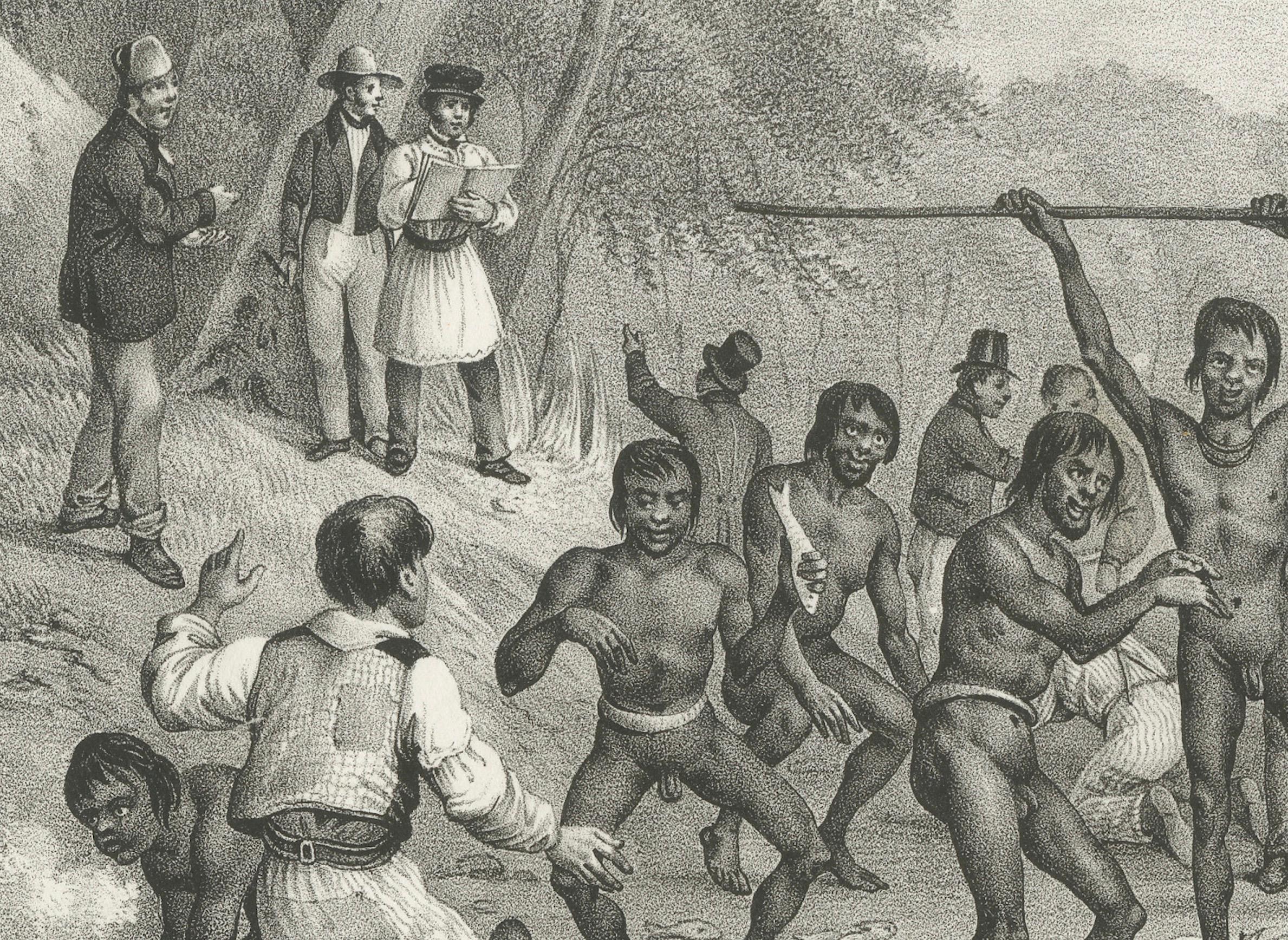 Fishing at Jervis Bay, Australien: Astrolabe-Seemanns und indigene Völker, 1836 (Papier) im Angebot