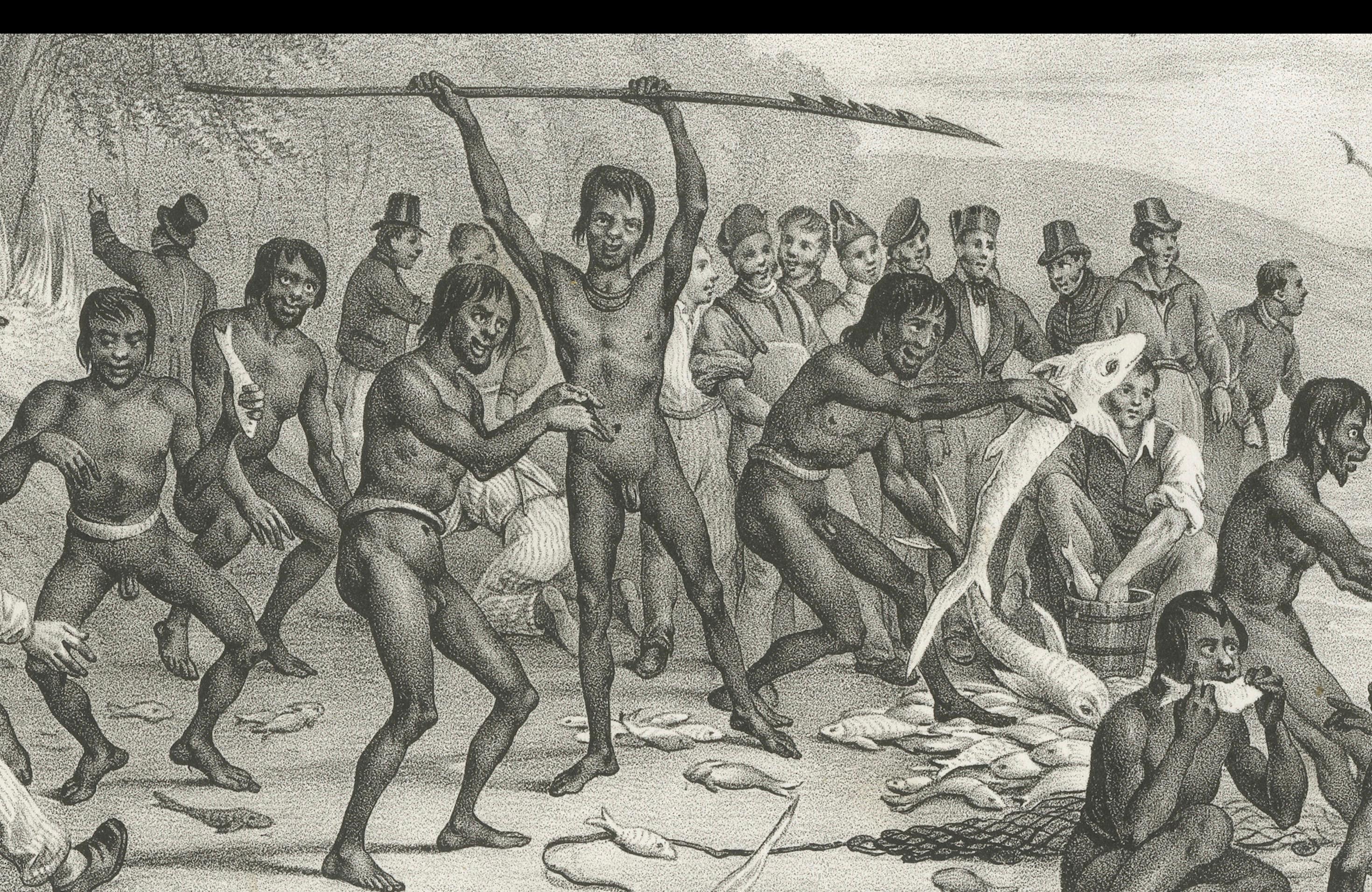 Fishing at Jervis Bay, Australien: Astrolabe-Seemanns und indigene Völker, 1836 im Angebot 1