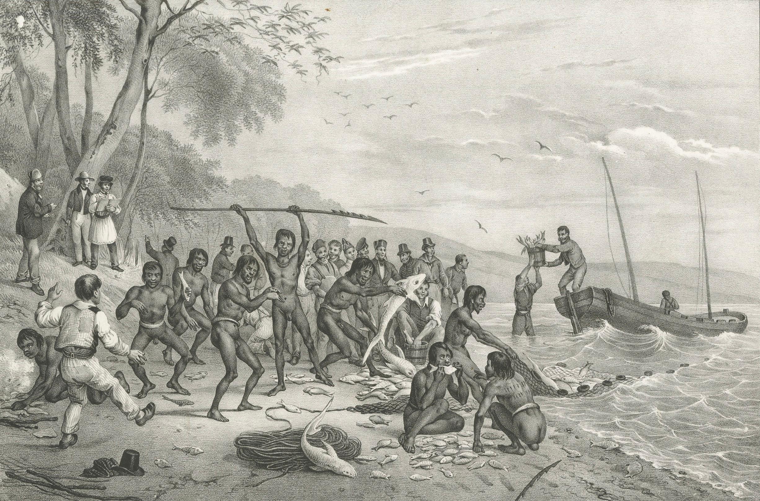 Fishing at Jervis Bay, Australien: Astrolabe-Seemanns und indigene Völker, 1836 im Angebot 2