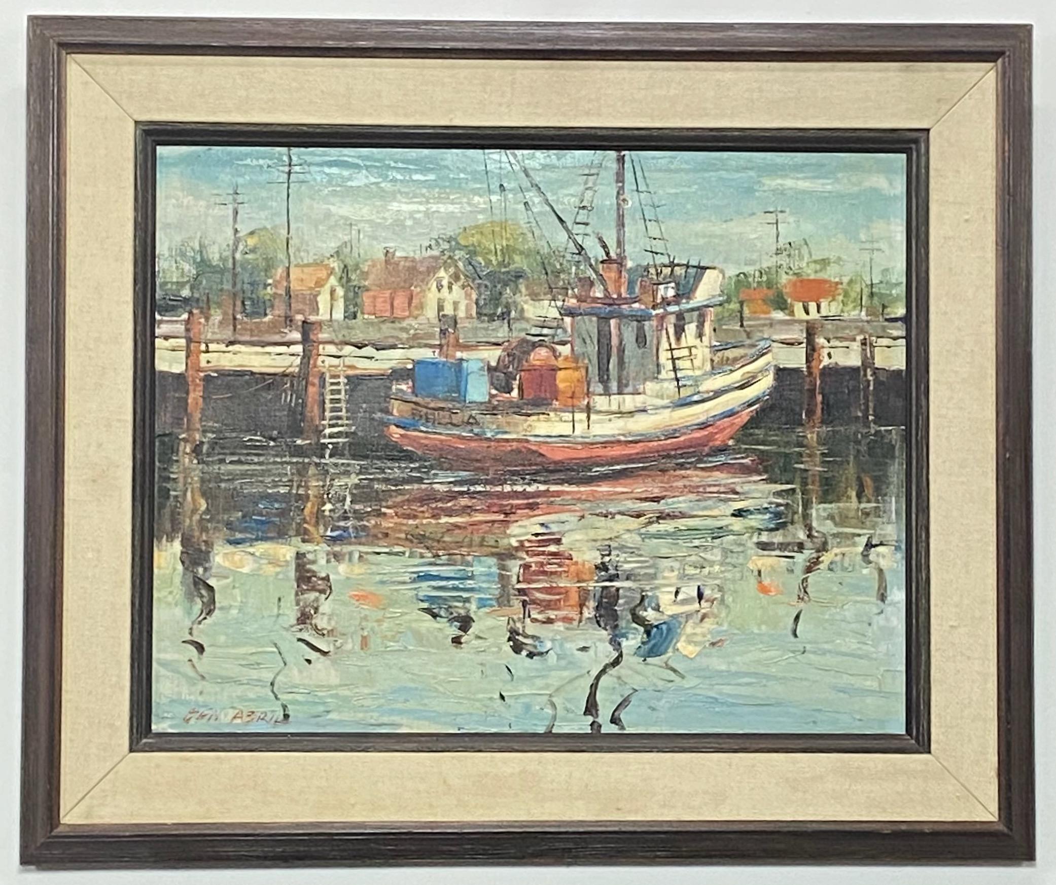 Vintage fishing boat scene, oil on canvas in original frame, signed Ben Abril.
California, 1960's
Measurement of painting without frame is 28.5 wide x 22 high.
Ben Abril (1923 - 1995) was active/lived in California. Ben Abril is known for