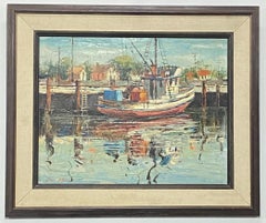Fishing Boat Scene Painting by California Artist Ben Abril, Mid-20th Century