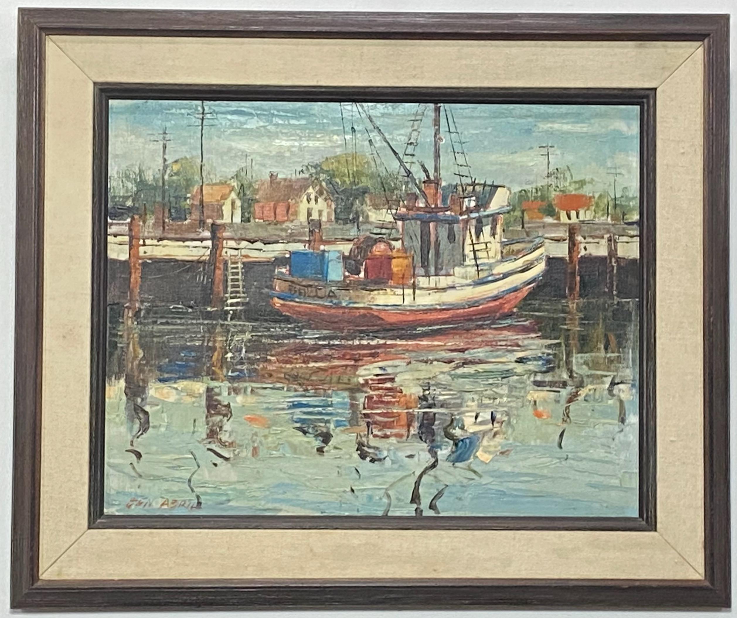 Fishing Boat Scene, Gemälde des kalifornischen Künstlers Ben Abril, Mitte des 20. Jahrhunderts (amerikanisch) im Angebot