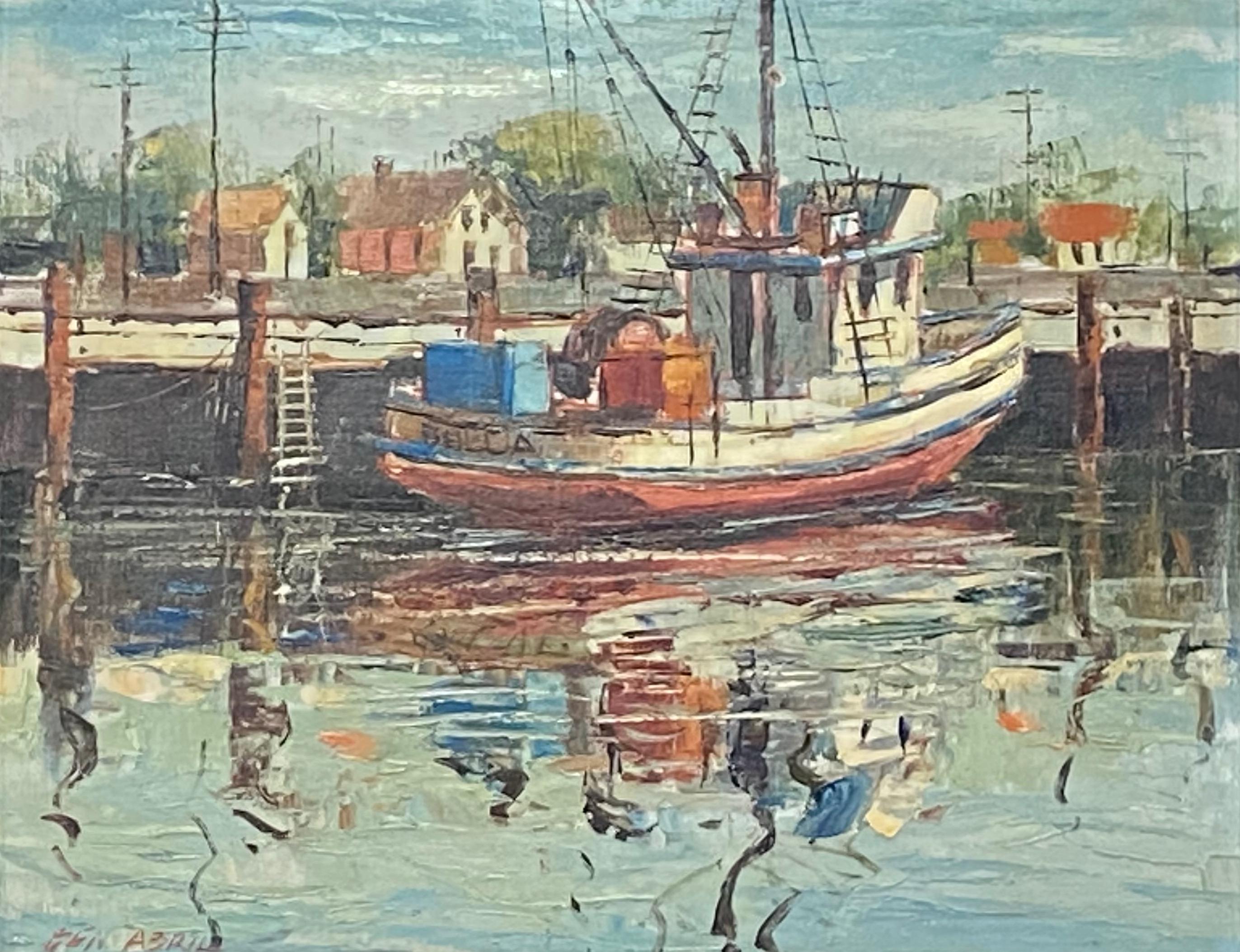 Fishing Boat Scene, Gemälde des kalifornischen Künstlers Ben Abril, Mitte des 20. Jahrhunderts (Handbemalt) im Angebot