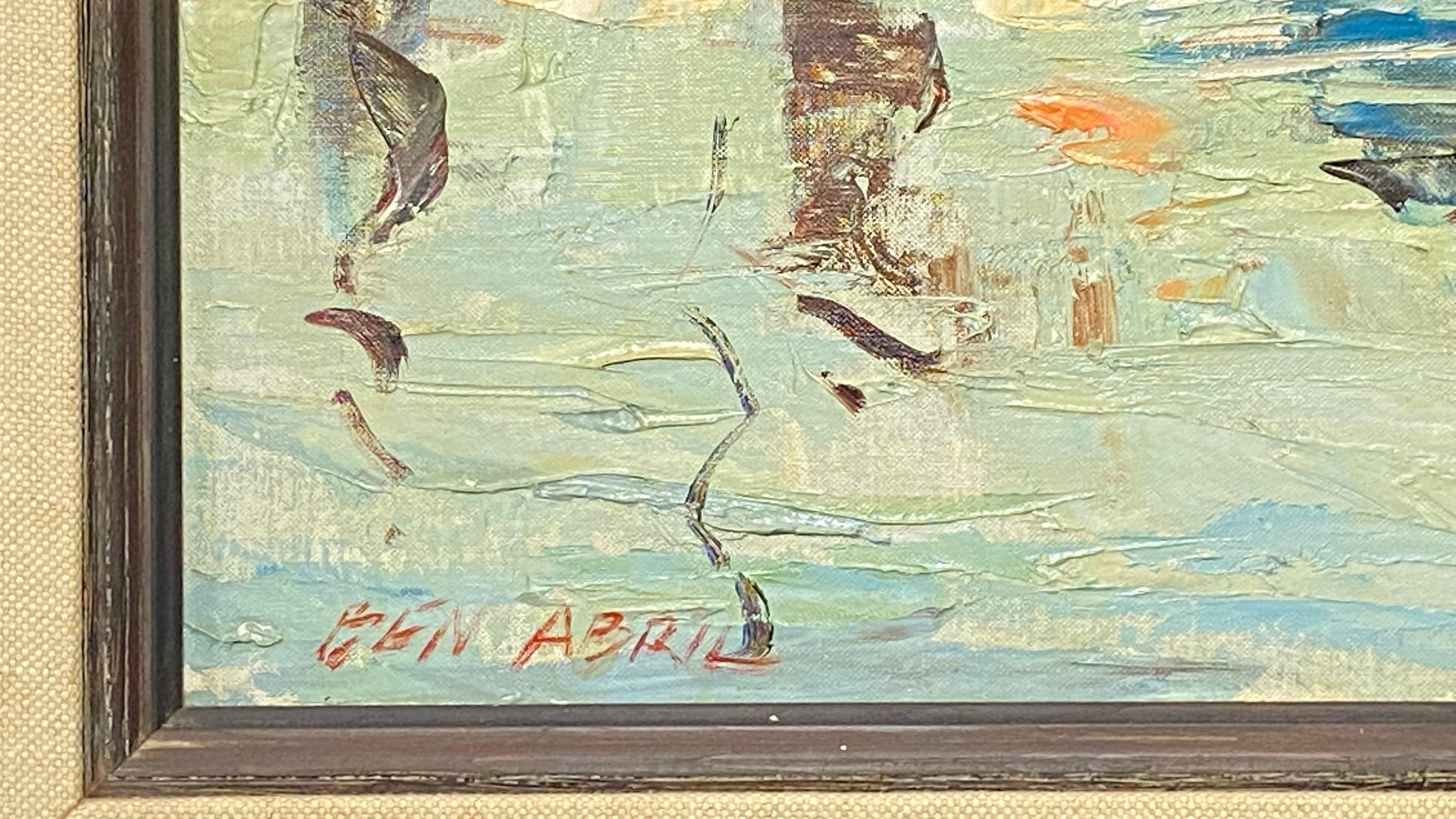 Hand-Painted Fishing Boat Scene Painting by California Artist Ben Abril, Mid-20th Century For Sale