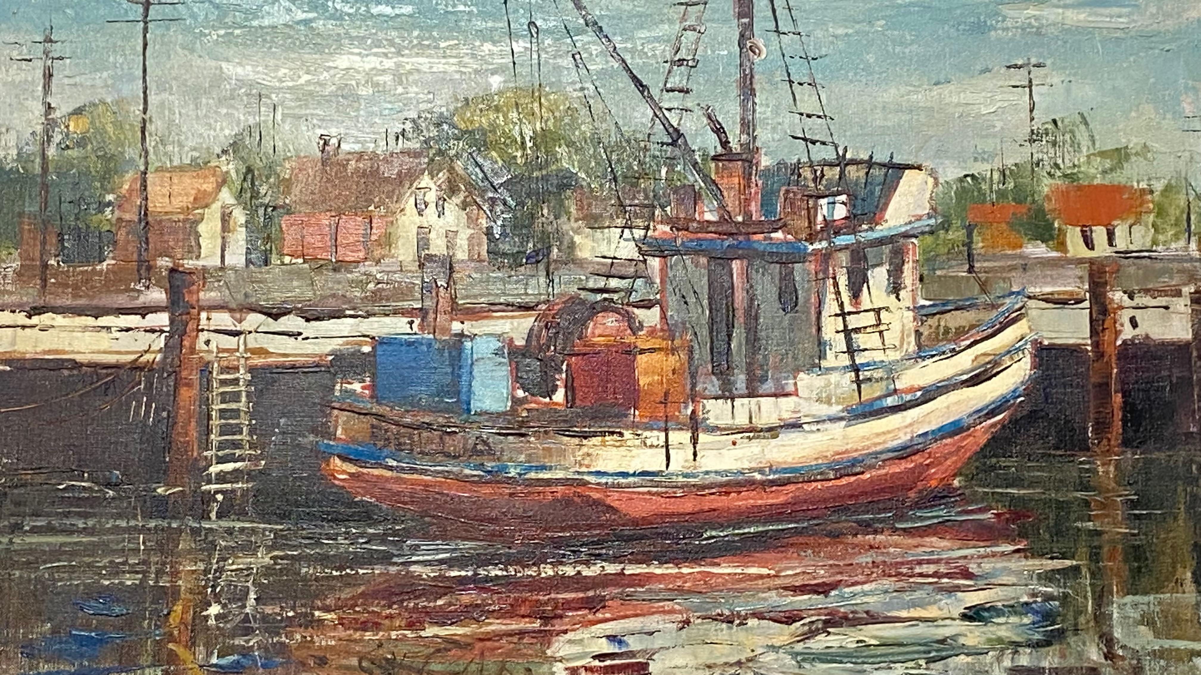 Fishing Boat Scene, Gemälde des kalifornischen Künstlers Ben Abril, Mitte des 20. Jahrhunderts (Leinwand) im Angebot