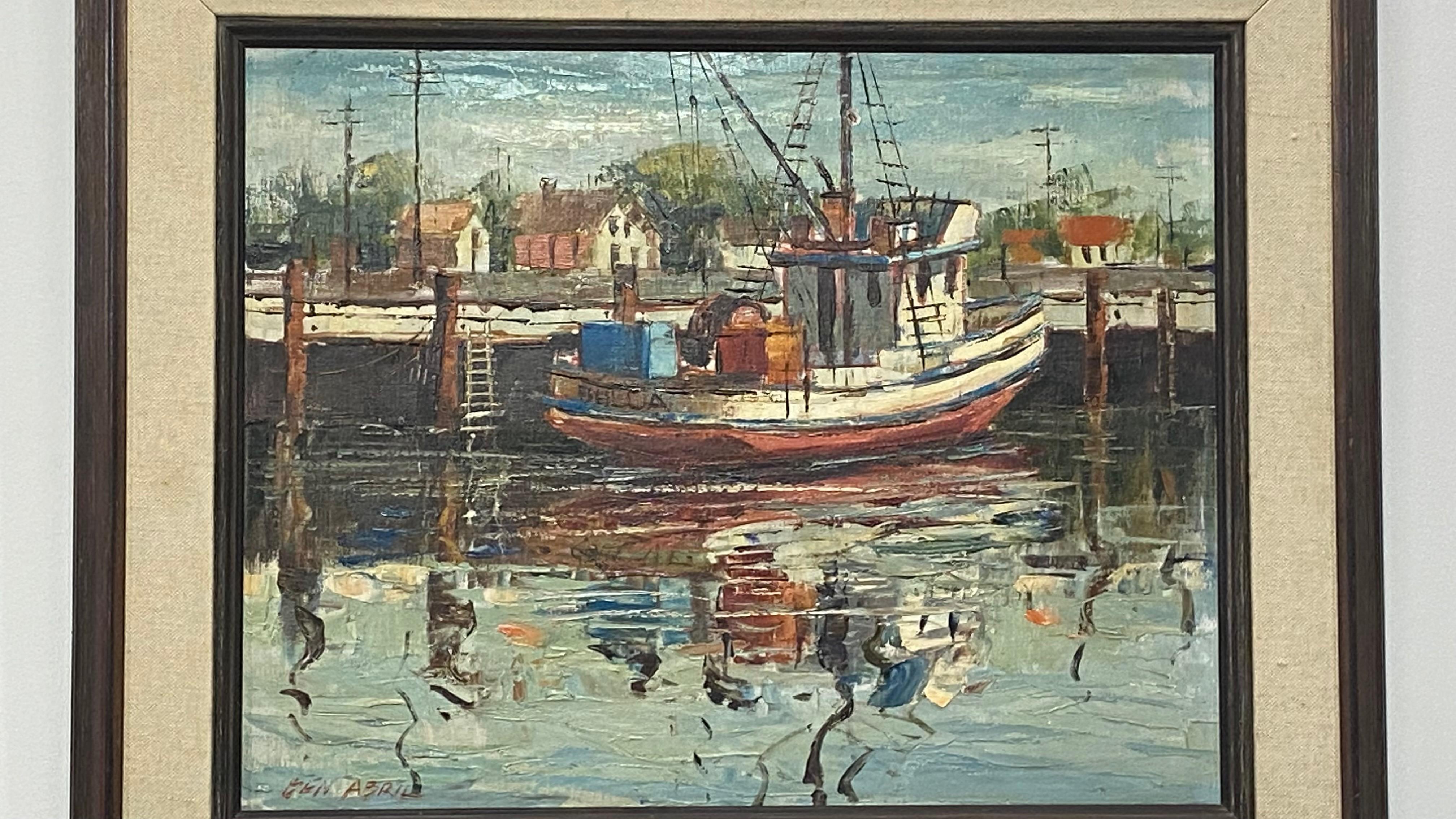 Canvas Fishing Boat Scene Painting by California Artist Ben Abril, Mid-20th Century For Sale