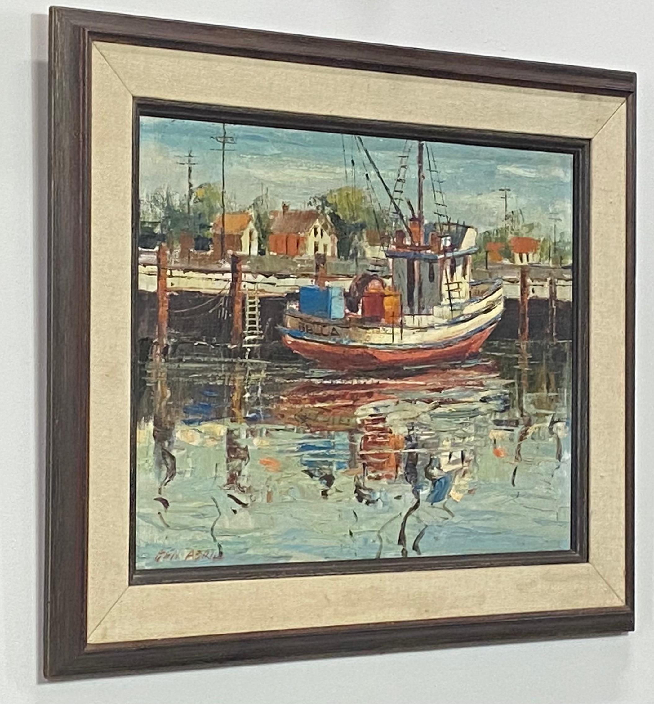 Fishing Boat Scene, Gemälde des kalifornischen Künstlers Ben Abril, Mitte des 20. Jahrhunderts im Angebot 2